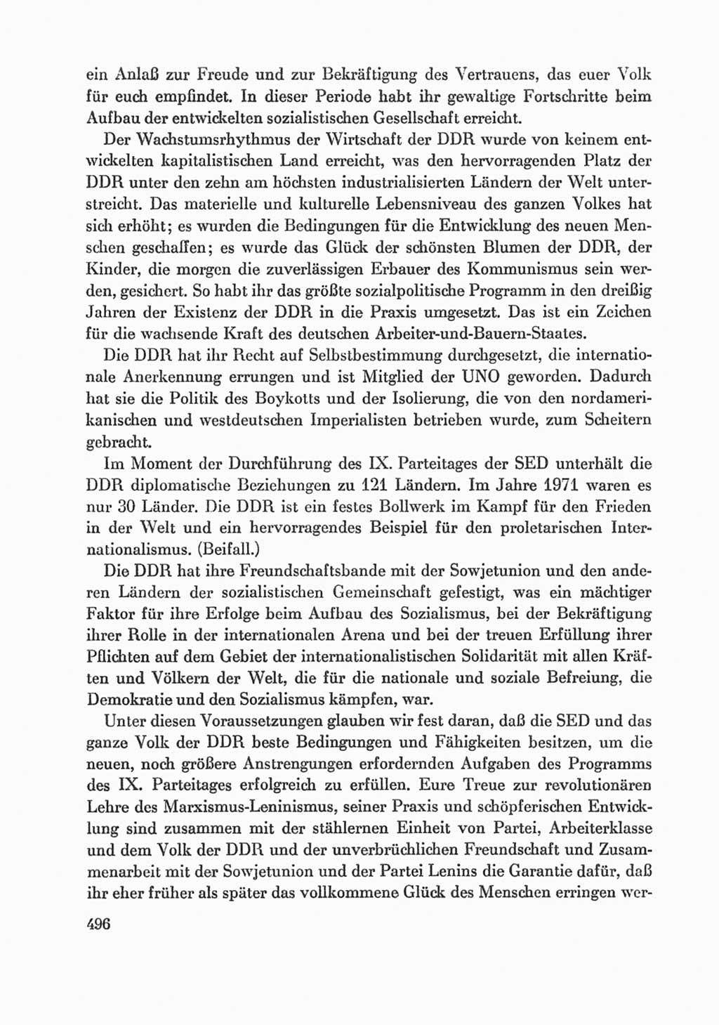 Protokoll der Verhandlungen des Ⅸ. Parteitages der Sozialistischen Einheitspartei Deutschlands (SED) [Deutsche Demokratische Republik (DDR)] 1976, Band 1, Seite 496 (Prot. Verh. Ⅸ. PT SED DDR 1976, Bd. 1, S. 496)