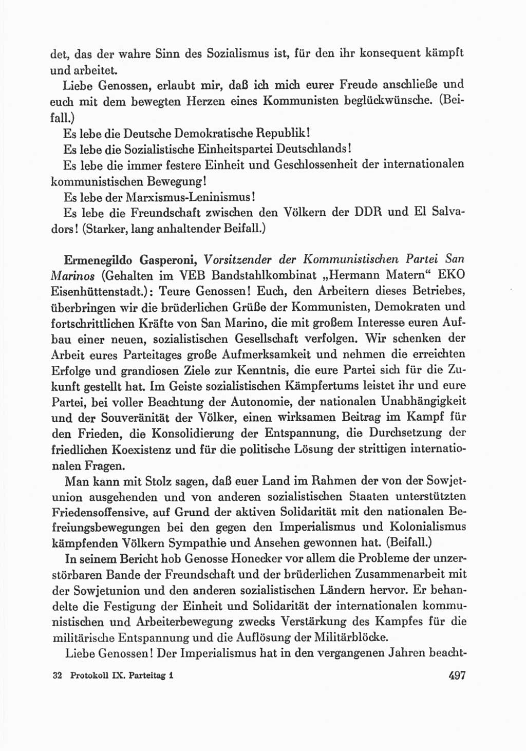 Protokoll der Verhandlungen des Ⅸ. Parteitages der Sozialistischen Einheitspartei Deutschlands (SED) [Deutsche Demokratische Republik (DDR)] 1976, Band 1, Seite 497 (Prot. Verh. Ⅸ. PT SED DDR 1976, Bd. 1, S. 497)