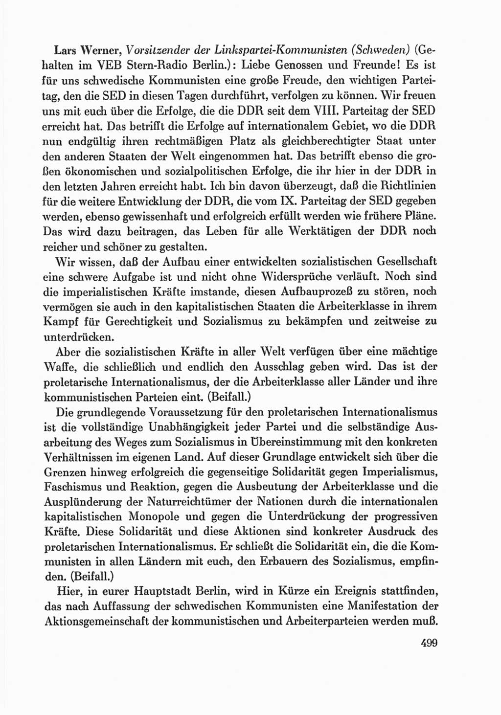 Protokoll der Verhandlungen des Ⅸ. Parteitages der Sozialistischen Einheitspartei Deutschlands (SED) [Deutsche Demokratische Republik (DDR)] 1976, Band 1, Seite 499 (Prot. Verh. Ⅸ. PT SED DDR 1976, Bd. 1, S. 499)