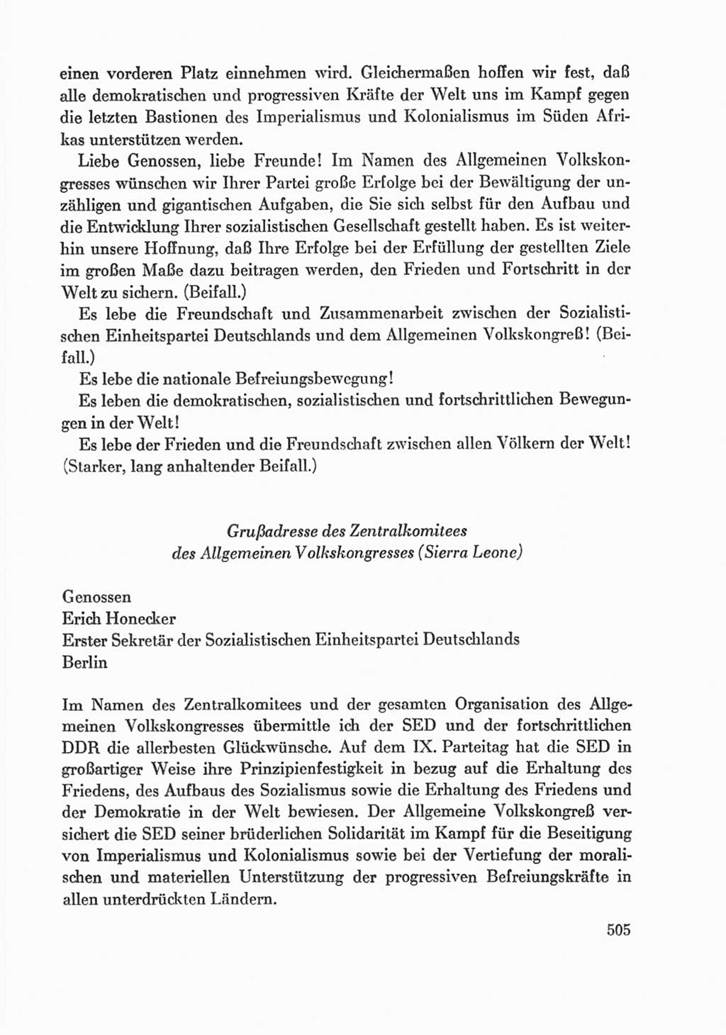 Protokoll der Verhandlungen des Ⅸ. Parteitages der Sozialistischen Einheitspartei Deutschlands (SED) [Deutsche Demokratische Republik (DDR)] 1976, Band 1, Seite 505 (Prot. Verh. Ⅸ. PT SED DDR 1976, Bd. 1, S. 505)