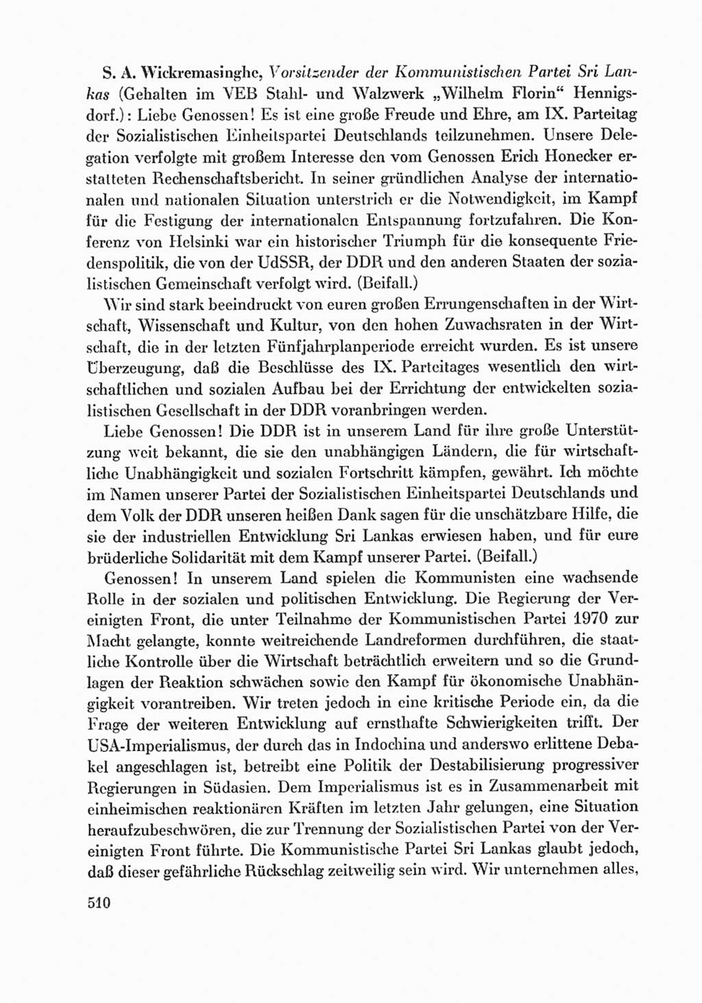 Protokoll der Verhandlungen des Ⅸ. Parteitages der Sozialistischen Einheitspartei Deutschlands (SED) [Deutsche Demokratische Republik (DDR)] 1976, Band 1, Seite 510 (Prot. Verh. Ⅸ. PT SED DDR 1976, Bd. 1, S. 510)