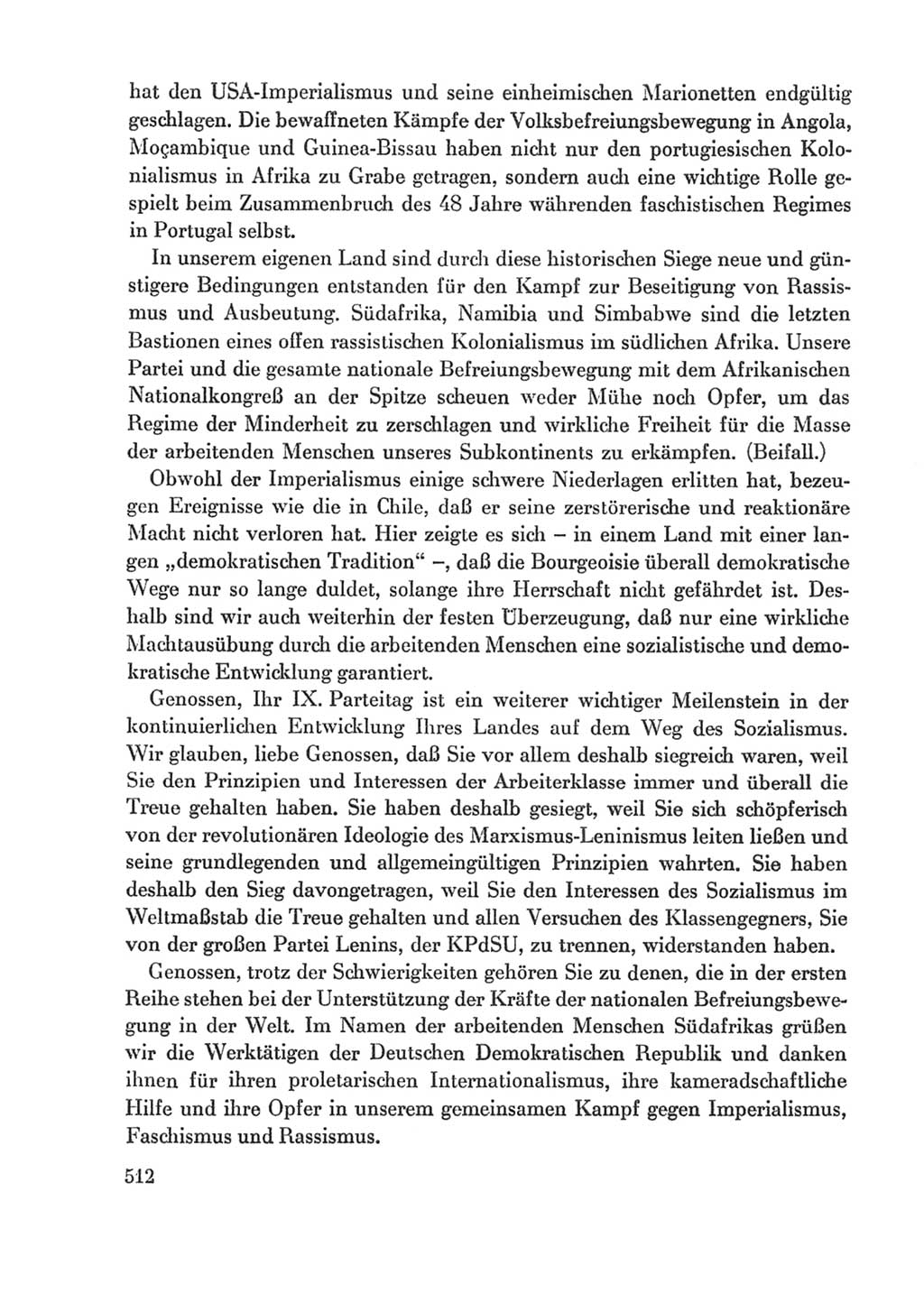 Protokoll der Verhandlungen des Ⅸ. Parteitages der Sozialistischen Einheitspartei Deutschlands (SED) [Deutsche Demokratische Republik (DDR)] 1976, Band 1, Seite 512 (Prot. Verh. Ⅸ. PT SED DDR 1976, Bd. 1, S. 512)