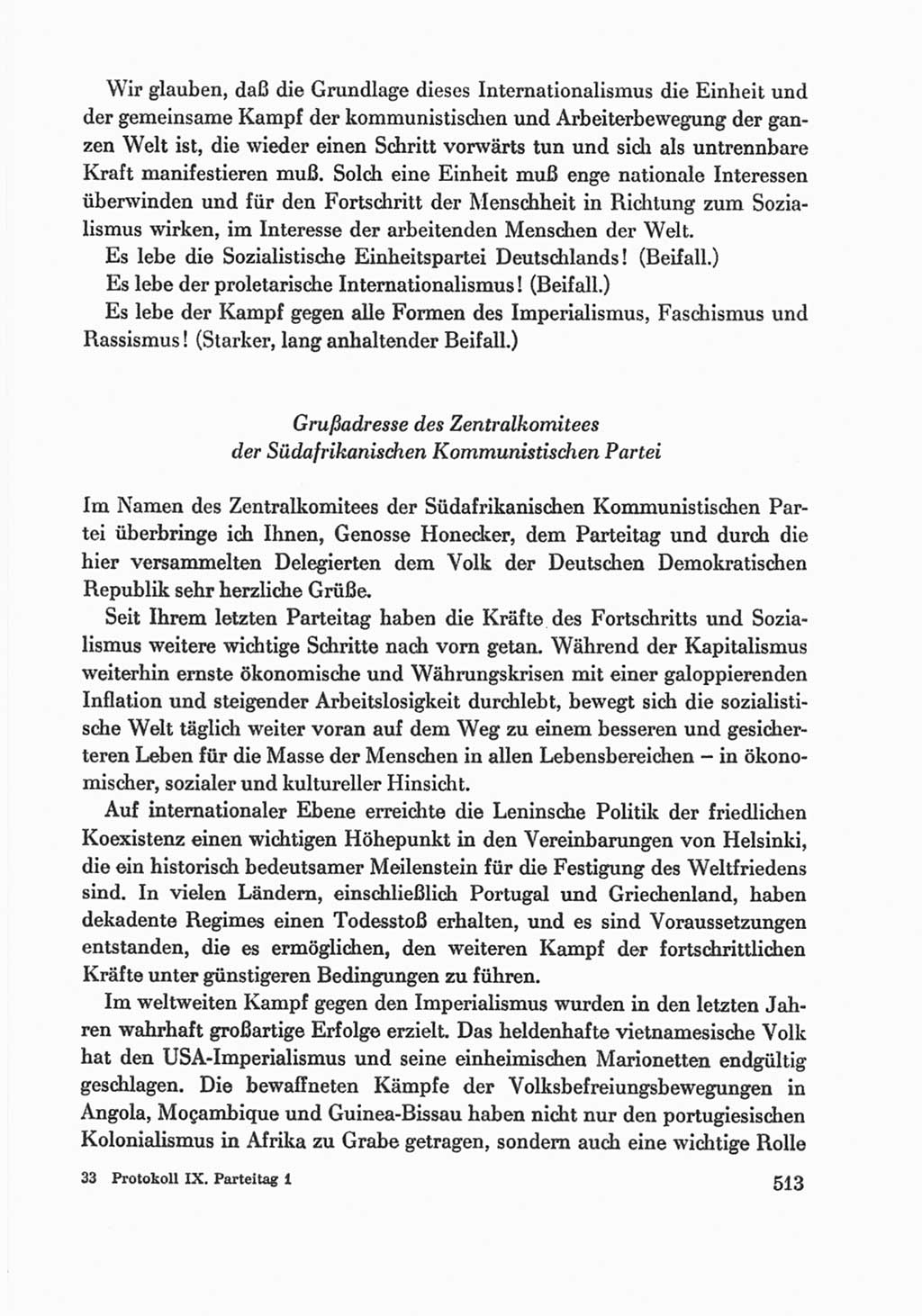 Protokoll der Verhandlungen des Ⅸ. Parteitages der Sozialistischen Einheitspartei Deutschlands (SED) [Deutsche Demokratische Republik (DDR)] 1976, Band 1, Seite 513 (Prot. Verh. Ⅸ. PT SED DDR 1976, Bd. 1, S. 513)