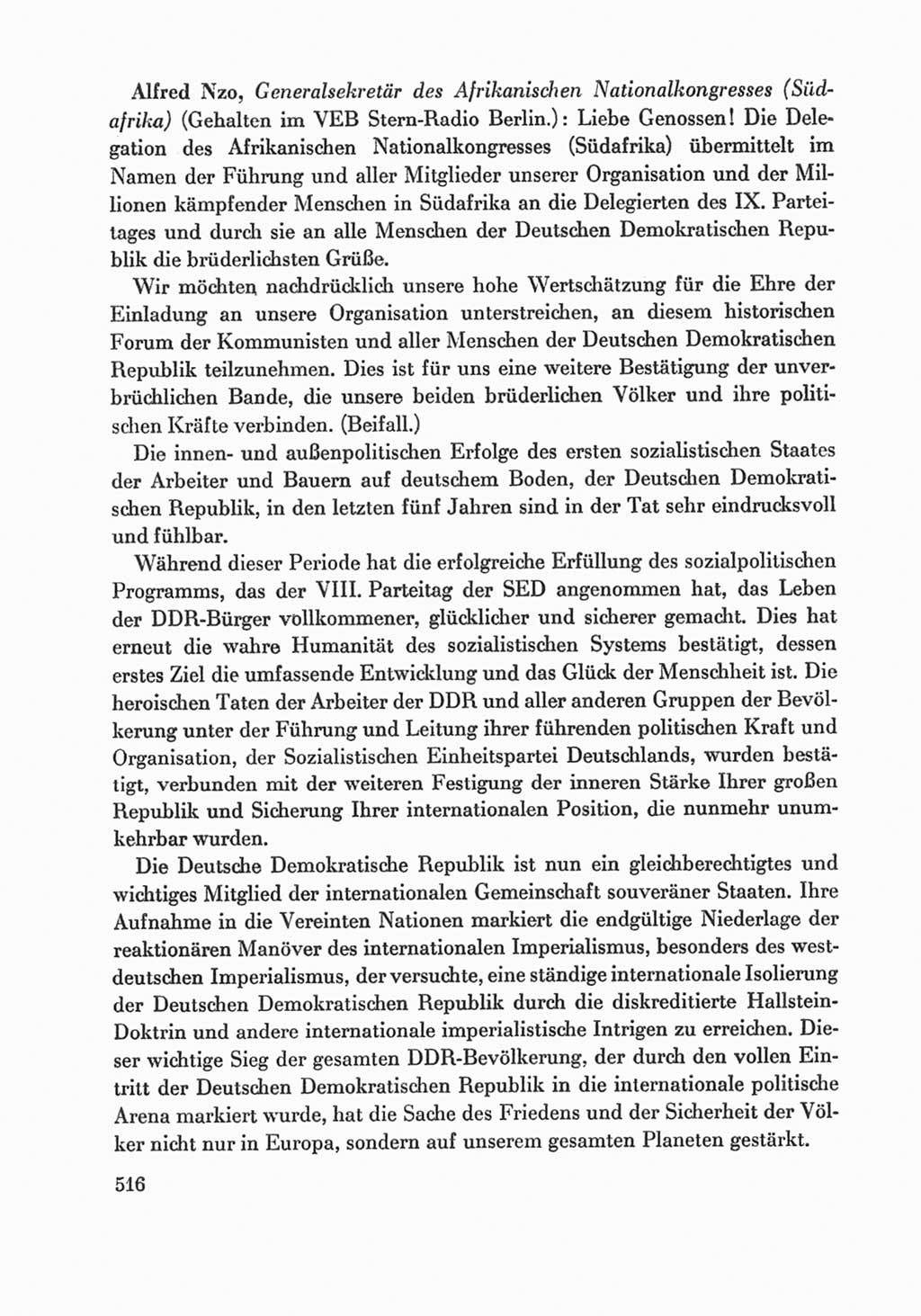 Protokoll der Verhandlungen des Ⅸ. Parteitages der Sozialistischen Einheitspartei Deutschlands (SED) [Deutsche Demokratische Republik (DDR)] 1976, Band 1, Seite 516 (Prot. Verh. Ⅸ. PT SED DDR 1976, Bd. 1, S. 516)