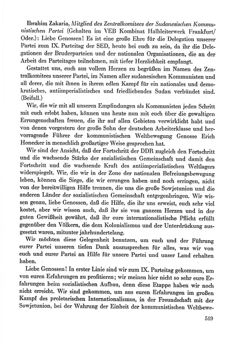 Protokoll der Verhandlungen des Ⅸ. Parteitages der Sozialistischen Einheitspartei Deutschlands (SED) [Deutsche Demokratische Republik (DDR)] 1976, Band 1, Seite 519 (Prot. Verh. Ⅸ. PT SED DDR 1976, Bd. 1, S. 519)