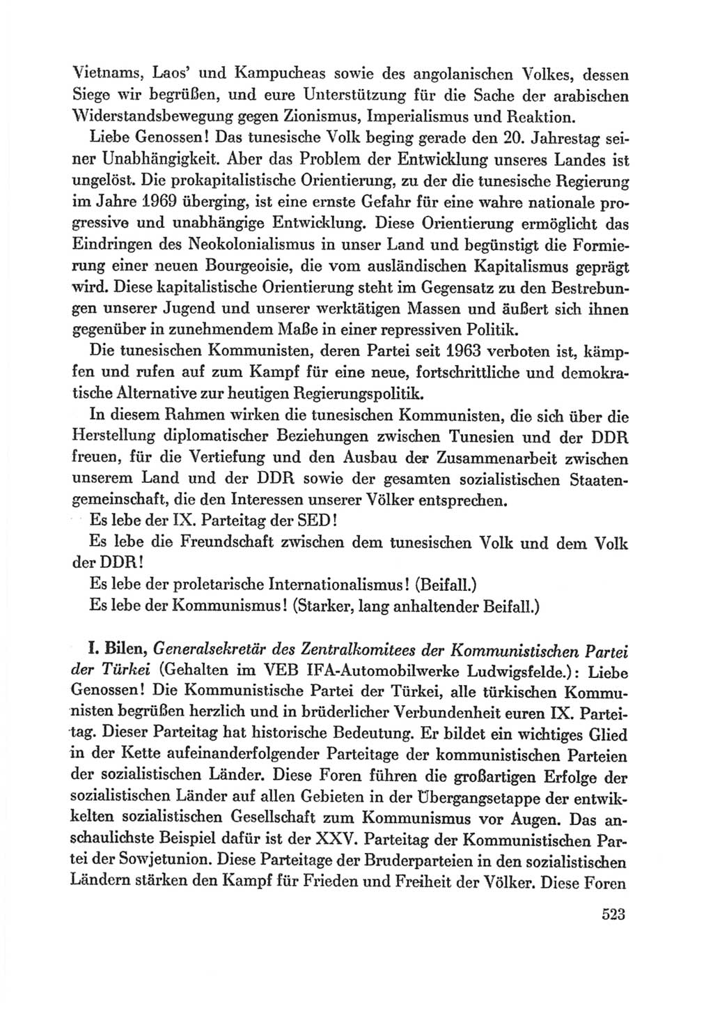 Protokoll der Verhandlungen des Ⅸ. Parteitages der Sozialistischen Einheitspartei Deutschlands (SED) [Deutsche Demokratische Republik (DDR)] 1976, Band 1, Seite 523 (Prot. Verh. Ⅸ. PT SED DDR 1976, Bd. 1, S. 523)