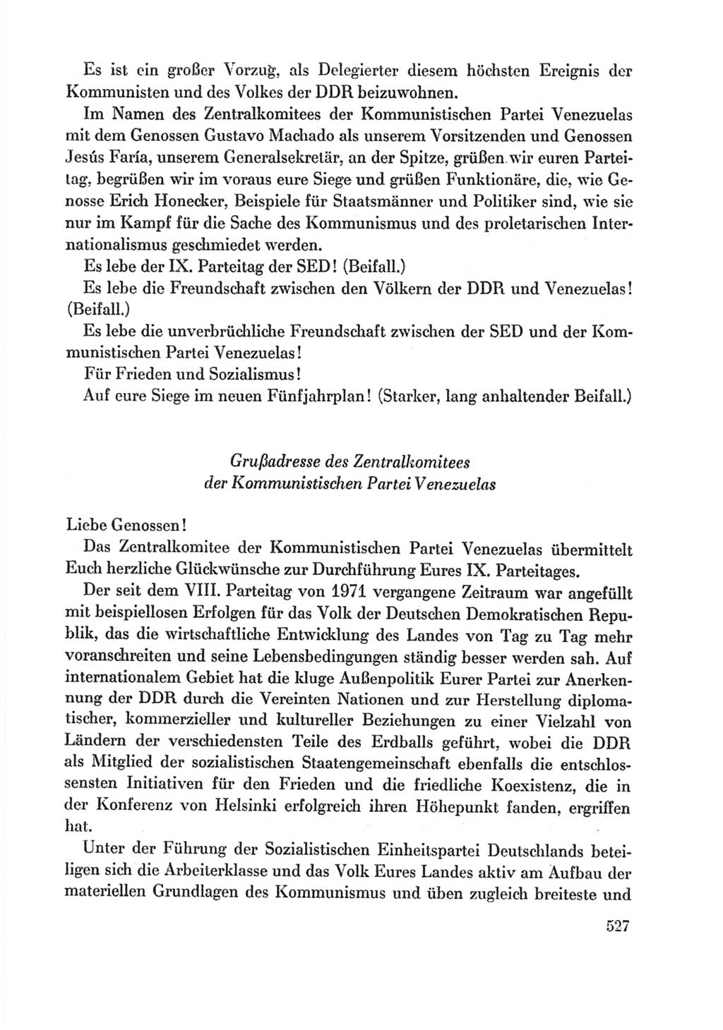 Protokoll der Verhandlungen des Ⅸ. Parteitages der Sozialistischen Einheitspartei Deutschlands (SED) [Deutsche Demokratische Republik (DDR)] 1976, Band 1, Seite 527 (Prot. Verh. Ⅸ. PT SED DDR 1976, Bd. 1, S. 527)