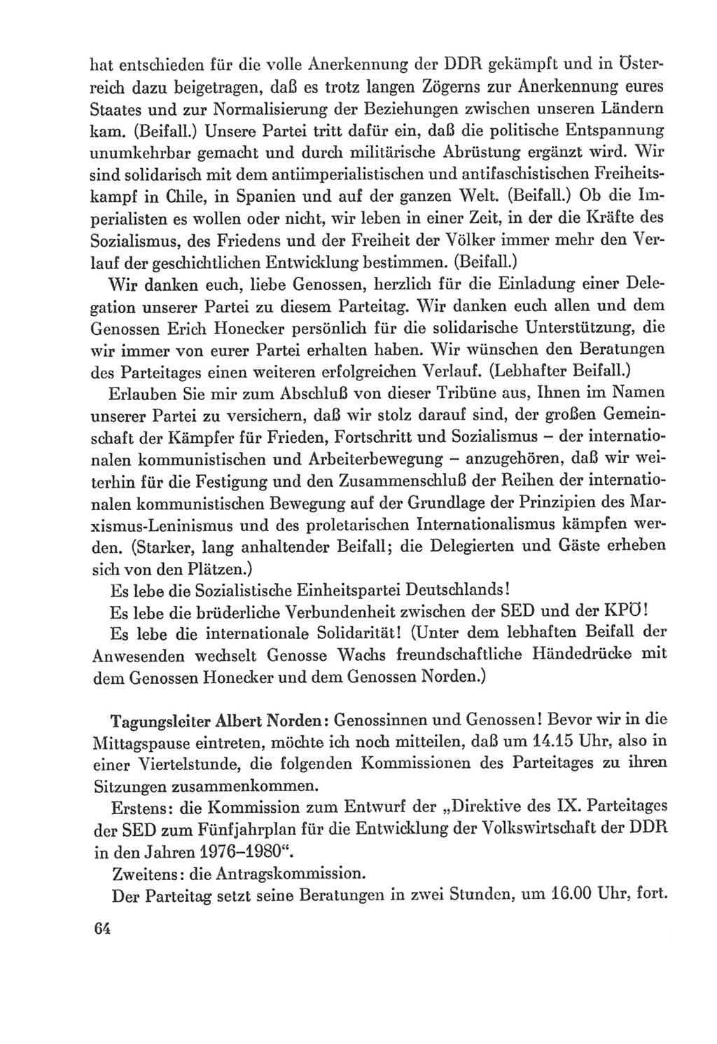 Protokoll der Verhandlungen des Ⅸ. Parteitages der Sozialistischen Einheitspartei Deutschlands (SED) [Deutsche Demokratische Republik (DDR)] 1976, Band 2, Seite 64 (Prot. Verh. Ⅸ. PT SED DDR 1976, Bd. 2, S. 64)