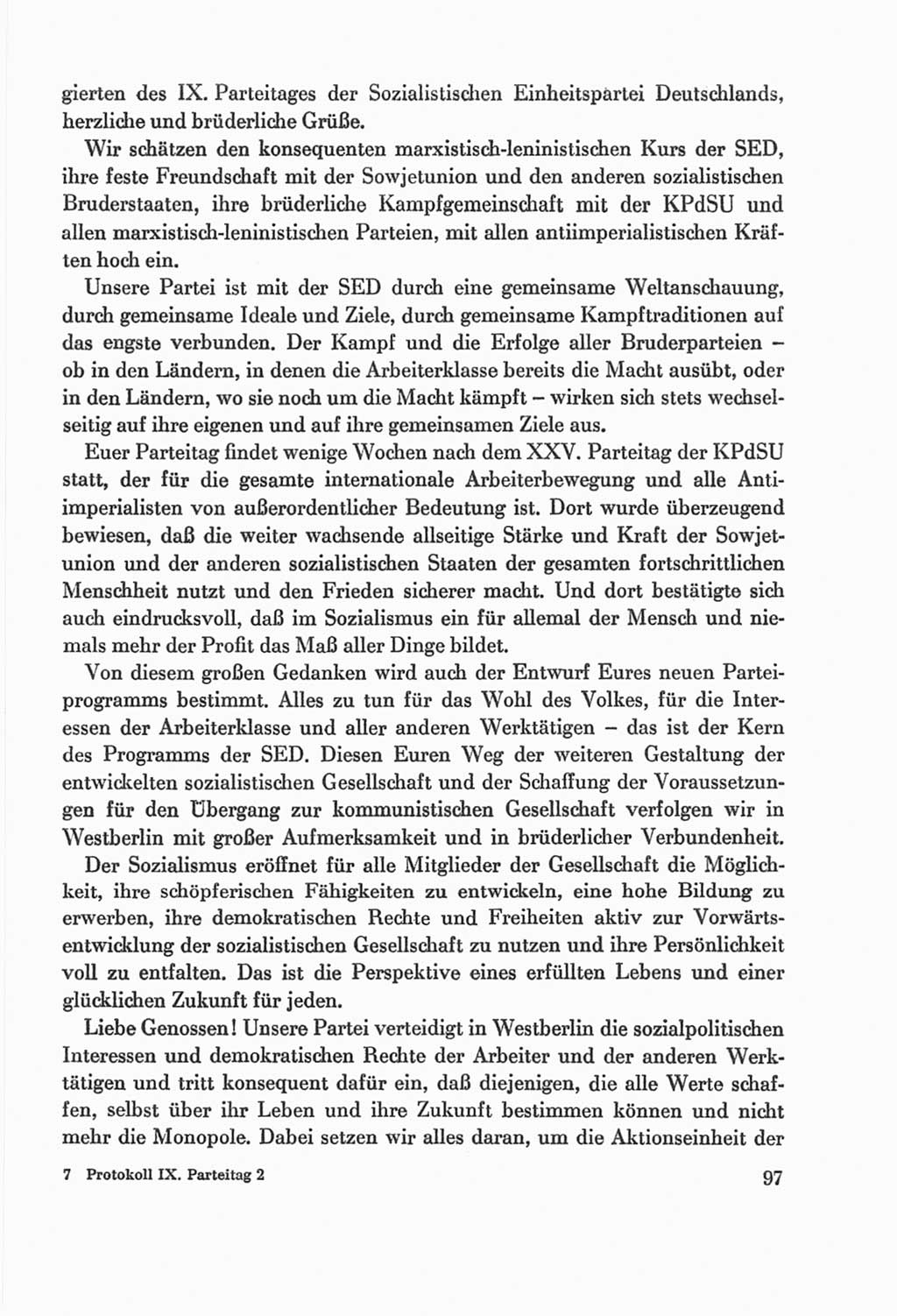 Protokoll der Verhandlungen des Ⅸ. Parteitages der Sozialistischen Einheitspartei Deutschlands (SED) [Deutsche Demokratische Republik (DDR)] 1976, Band 2, Seite 97 (Prot. Verh. Ⅸ. PT SED DDR 1976, Bd. 2, S. 97)
