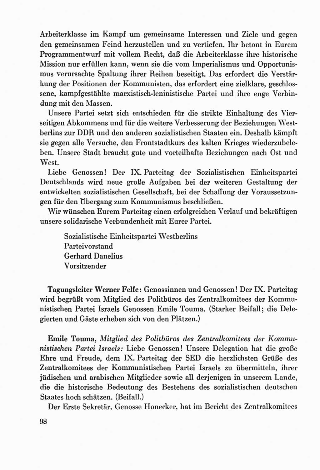 Protokoll der Verhandlungen des Ⅸ. Parteitages der Sozialistischen Einheitspartei Deutschlands (SED) [Deutsche Demokratische Republik (DDR)] 1976, Band 2, Seite 98 (Prot. Verh. Ⅸ. PT SED DDR 1976, Bd. 2, S. 98)