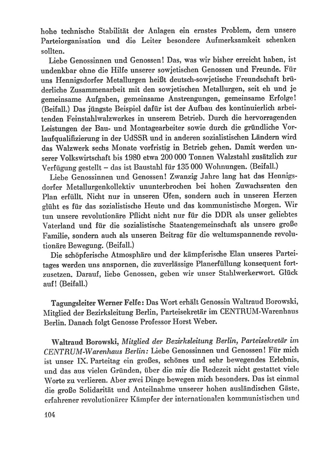 Protokoll der Verhandlungen des Ⅸ. Parteitages der Sozialistischen Einheitspartei Deutschlands (SED) [Deutsche Demokratische Republik (DDR)] 1976, Band 2, Seite 104 (Prot. Verh. Ⅸ. PT SED DDR 1976, Bd. 2, S. 104)