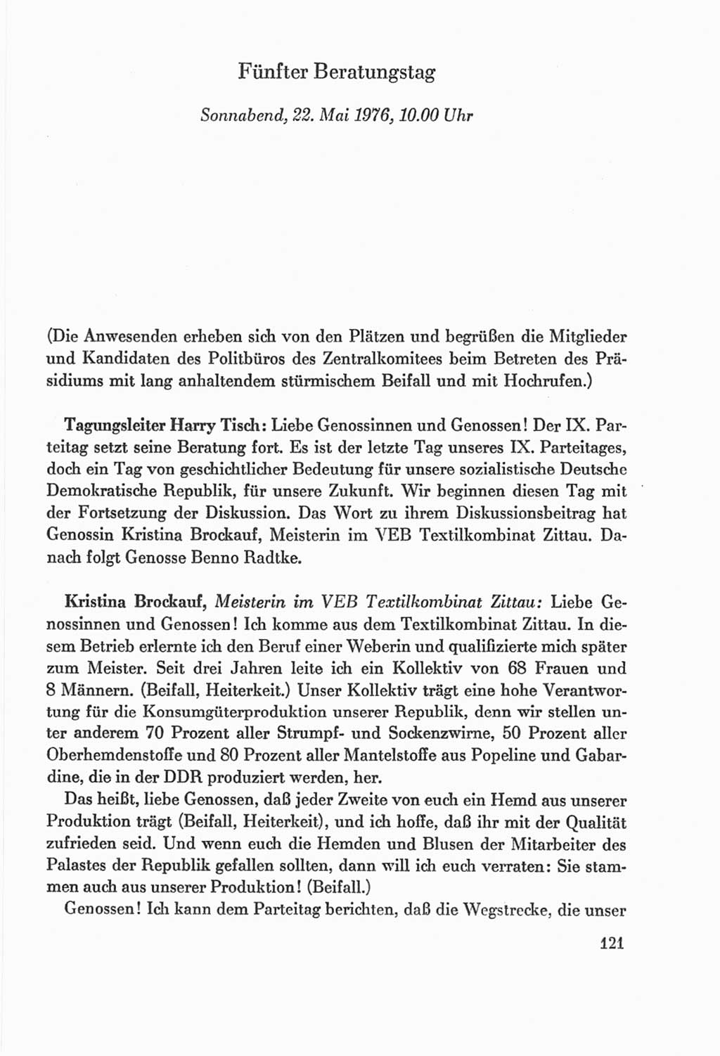 Protokoll der Verhandlungen des Ⅸ. Parteitages der Sozialistischen Einheitspartei Deutschlands (SED) [Deutsche Demokratische Republik (DDR)] 1976, Band 2, Seite 121 (Prot. Verh. Ⅸ. PT SED DDR 1976, Bd. 2, S. 121)