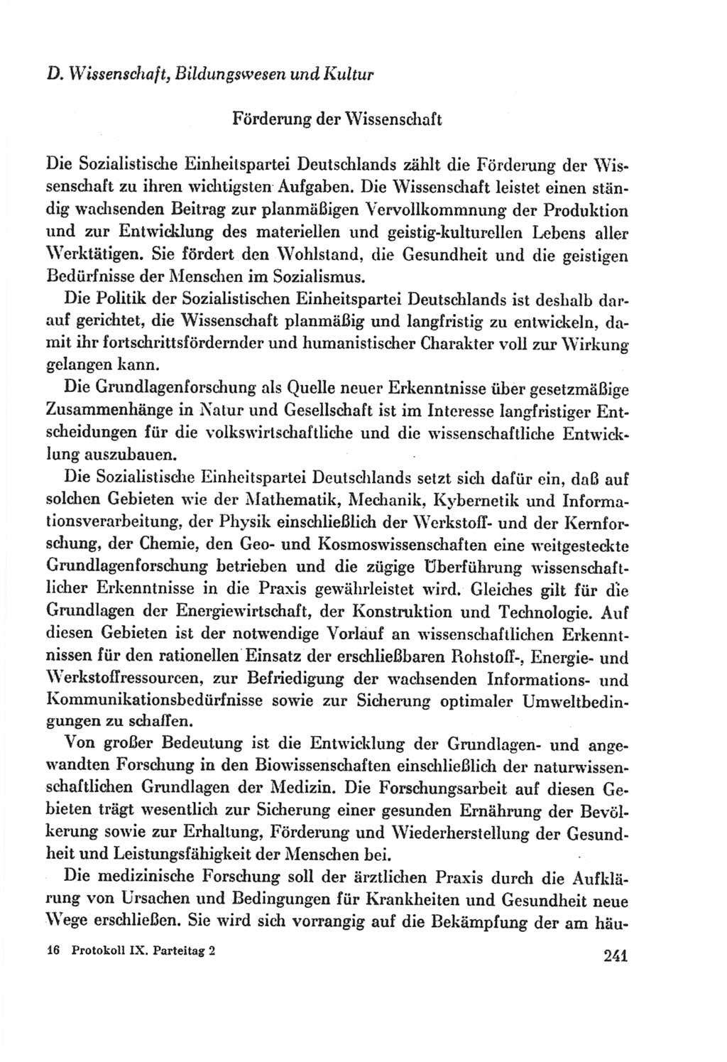 Protokoll der Verhandlungen des Ⅸ. Parteitages der Sozialistischen Einheitspartei Deutschlands (SED) [Deutsche Demokratische Republik (DDR)] 1976, Band 2, Seite 241 (Prot. Verh. Ⅸ. PT SED DDR 1976, Bd. 2, S. 241)