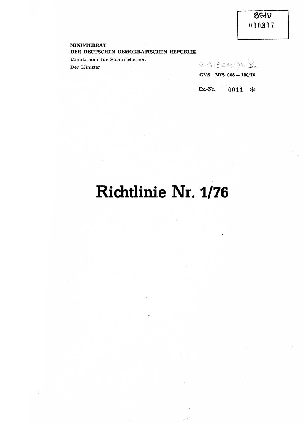 Richtlinie Nr. 1/76 zur Entwicklung und Bearbeitung Operativer Vorgänge (OV), Ministerium für Staatssicherheit (MfS) [Deutsche Demokratische Republik (DDR)], Der Minister (Generaloberst Erich Mielke), Geheime Verschlußsache (GVS) 008-100/76, Berlin 1976, Seite 1 (RL 1/76 OV DDR MfS Min. GVS 008-100/76 1976, S. 1)