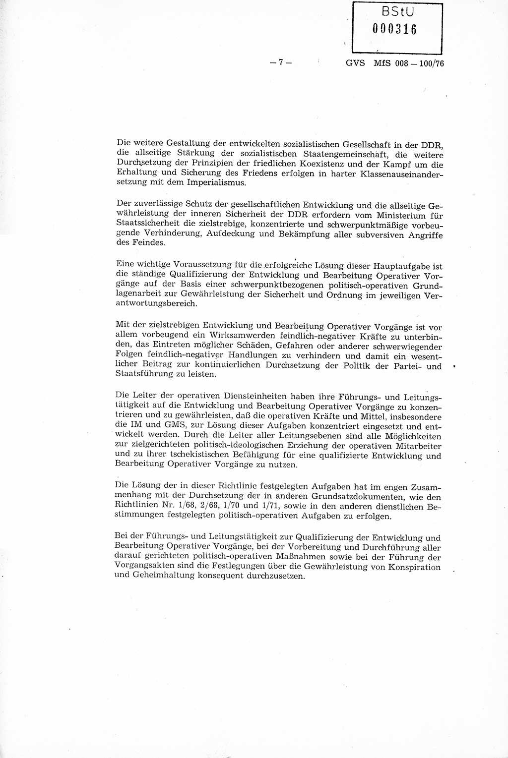 Richtlinie Nr. 1/76 zur Entwicklung und Bearbeitung Operativer Vorgänge (OV), Ministerium für Staatssicherheit (MfS) [Deutsche Demokratische Republik (DDR)], Der Minister (Generaloberst Erich Mielke), Geheime Verschlußsache (GVS) 008-100/76, Berlin 1976, Seite 7 (RL 1/76 OV DDR MfS Min. GVS 008-100/76 1976, S. 7)