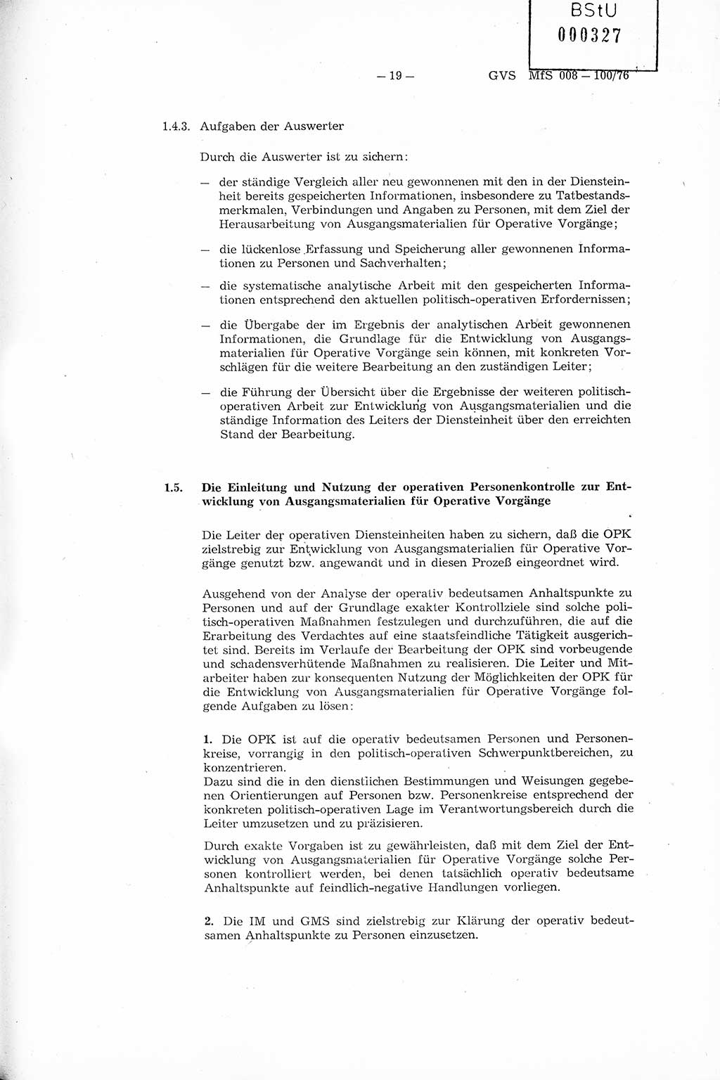 Richtlinie Nr. 1/76 zur Entwicklung und Bearbeitung Operativer VorgÃ¤nge (OV), Ministerium fÃ¼r Staatssicherheit (MfS) [Deutsche Demokratische Republik (DDR)], Der Minister (Generaloberst Erich Mielke), Geheime VerschluÃŸsache (GVS) 008-100/76, Berlin 1976, Seite 19 (RL 1/76 OV DDR MfS Min. GVS 008-100/76 1976, S. 19)