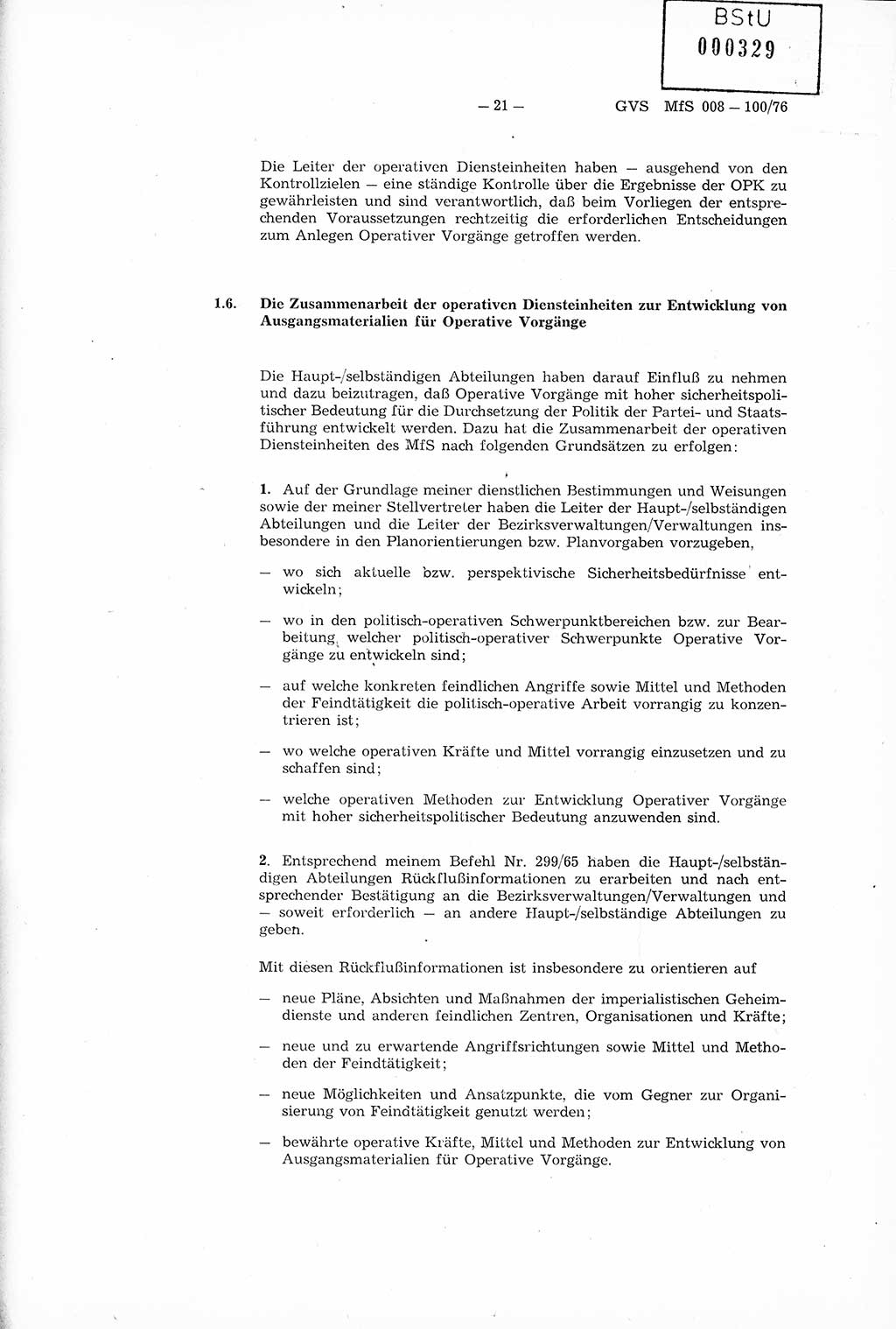 Richtlinie Nr. 1/76 zur Entwicklung und Bearbeitung Operativer Vorgänge (OV), Ministerium für Staatssicherheit (MfS) [Deutsche Demokratische Republik (DDR)], Der Minister (Generaloberst Erich Mielke), Geheime Verschlußsache (GVS) 008-100/76, Berlin 1976, Seite 21 (RL 1/76 OV DDR MfS Min. GVS 008-100/76 1976, S. 21)