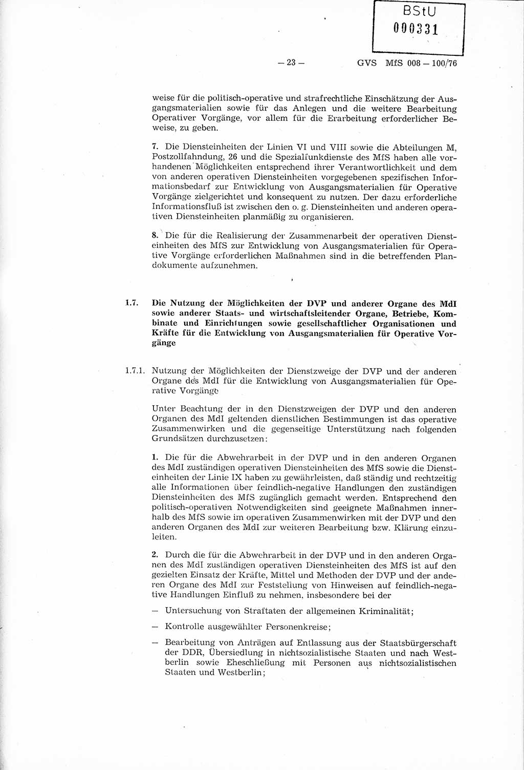 Richtlinie Nr. 1/76 zur Entwicklung und Bearbeitung Operativer Vorgänge (OV), Ministerium für Staatssicherheit (MfS) [Deutsche Demokratische Republik (DDR)], Der Minister (Generaloberst Erich Mielke), Geheime Verschlußsache (GVS) 008-100/76, Berlin 1976, Seite 23 (RL 1/76 OV DDR MfS Min. GVS 008-100/76 1976, S. 23)