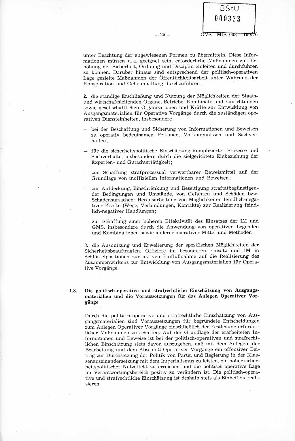 Richtlinie Nr. 1/76 zur Entwicklung und Bearbeitung Operativer Vorgänge (OV), Ministerium für Staatssicherheit (MfS) [Deutsche Demokratische Republik (DDR)], Der Minister (Generaloberst Erich Mielke), Geheime Verschlußsache (GVS) 008-100/76, Berlin 1976, Seite 25 (RL 1/76 OV DDR MfS Min. GVS 008-100/76 1976, S. 25)