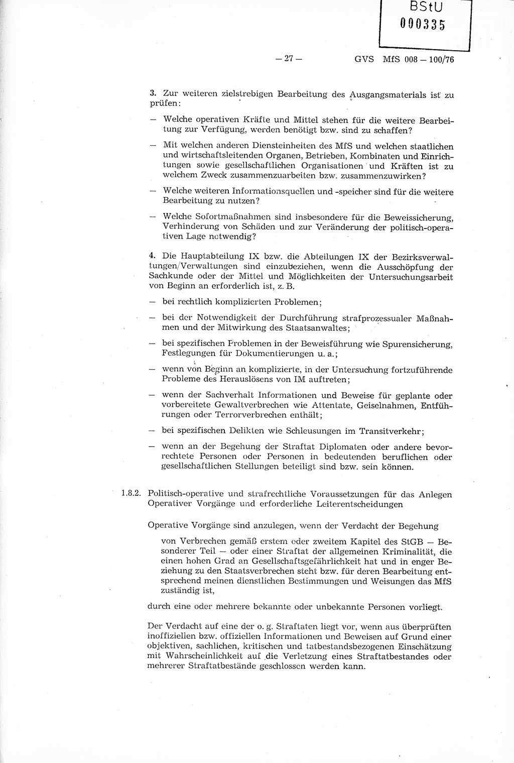 Richtlinie Nr. 1/76 zur Entwicklung und Bearbeitung Operativer Vorgänge (OV), Ministerium für Staatssicherheit (MfS) [Deutsche Demokratische Republik (DDR)], Der Minister (Generaloberst Erich Mielke), Geheime Verschlußsache (GVS) 008-100/76, Berlin 1976, Seite 27 (RL 1/76 OV DDR MfS Min. GVS 008-100/76 1976, S. 27)