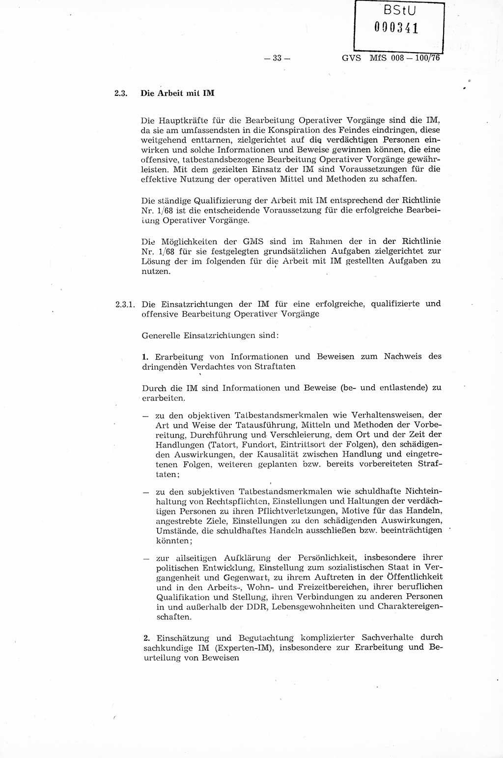 Richtlinie Nr. 1/76 zur Entwicklung und Bearbeitung Operativer Vorgänge (OV), Ministerium für Staatssicherheit (MfS) [Deutsche Demokratische Republik (DDR)], Der Minister (Generaloberst Erich Mielke), Geheime Verschlußsache (GVS) 008-100/76, Berlin 1976, Seite 33 (RL 1/76 OV DDR MfS Min. GVS 008-100/76 1976, S. 33)