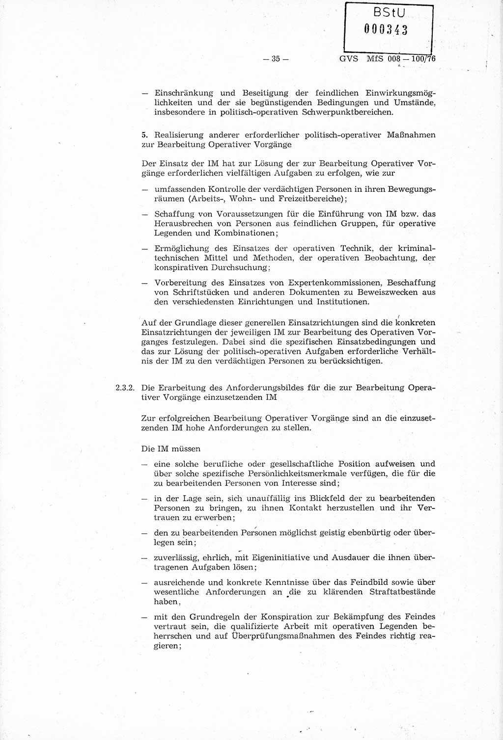 Richtlinie Nr. 1/76 zur Entwicklung und Bearbeitung Operativer Vorgänge (OV), Ministerium für Staatssicherheit (MfS) [Deutsche Demokratische Republik (DDR)], Der Minister (Generaloberst Erich Mielke), Geheime Verschlußsache (GVS) 008-100/76, Berlin 1976, Seite 35 (RL 1/76 OV DDR MfS Min. GVS 008-100/76 1976, S. 35)