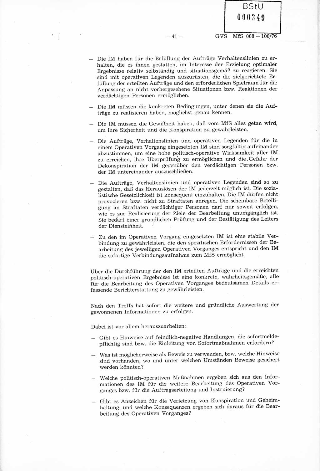 Richtlinie Nr. 1/76 zur Entwicklung und Bearbeitung Operativer Vorgänge (OV), Ministerium für Staatssicherheit (MfS) [Deutsche Demokratische Republik (DDR)], Der Minister (Generaloberst Erich Mielke), Geheime Verschlußsache (GVS) 008-100/76, Berlin 1976, Seite 41 (RL 1/76 OV DDR MfS Min. GVS 008-100/76 1976, S. 41)