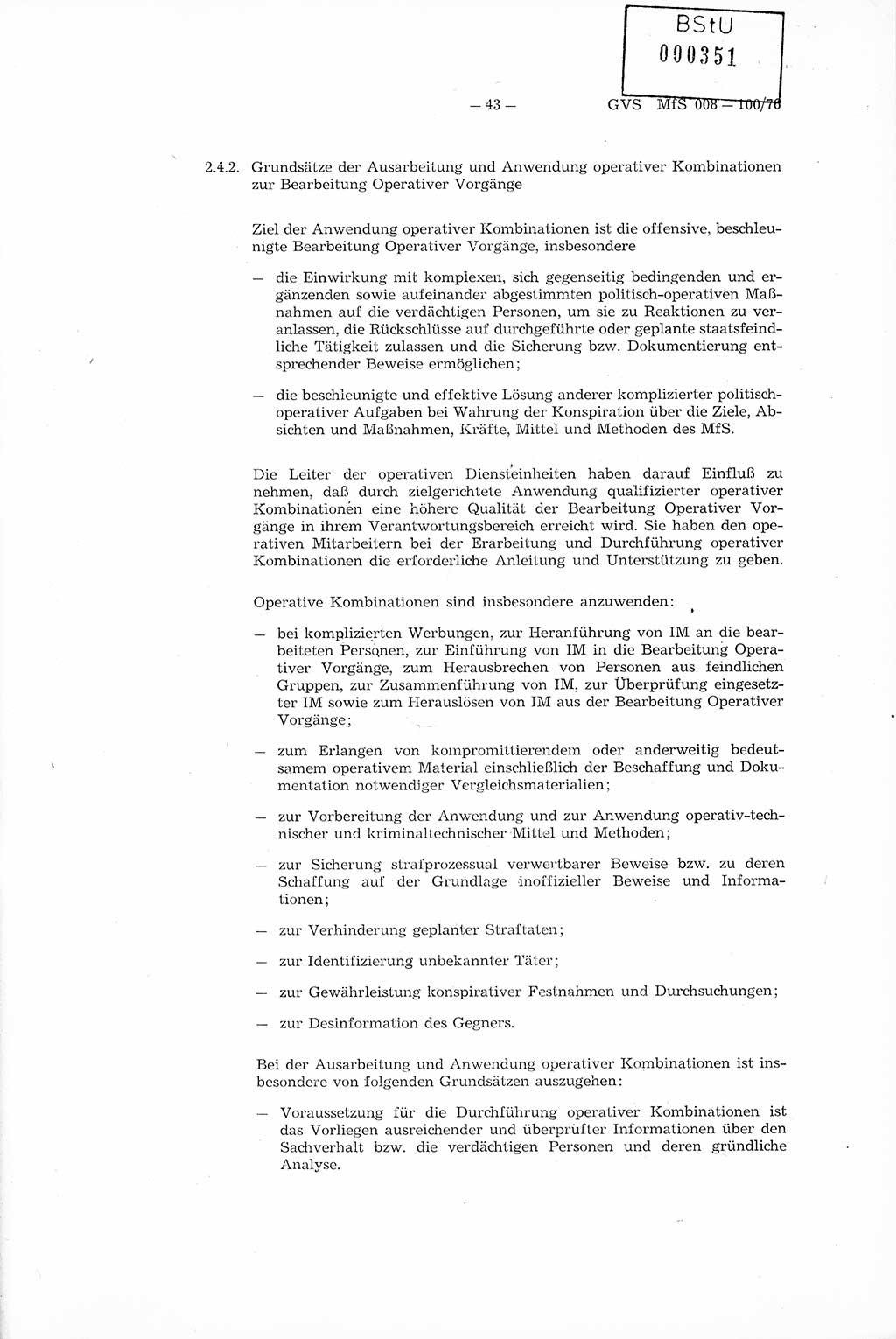 Richtlinie Nr. 1/76 zur Entwicklung und Bearbeitung Operativer Vorgänge (OV), Ministerium für Staatssicherheit (MfS) [Deutsche Demokratische Republik (DDR)], Der Minister (Generaloberst Erich Mielke), Geheime Verschlußsache (GVS) 008-100/76, Berlin 1976, Seite 43 (RL 1/76 OV DDR MfS Min. GVS 008-100/76 1976, S. 43)