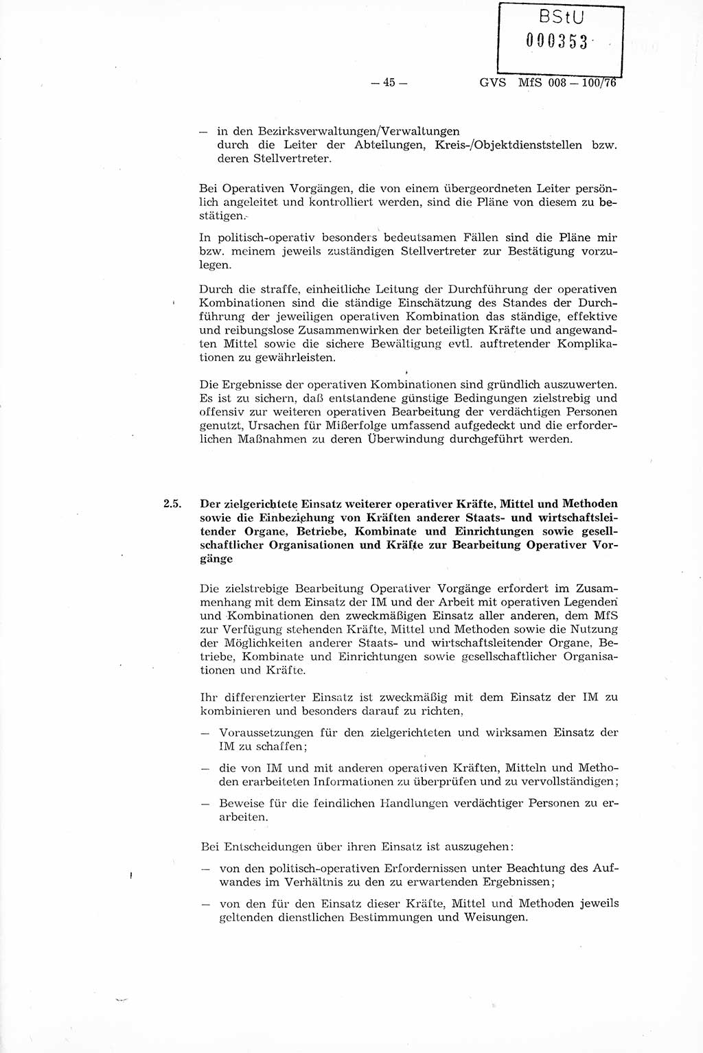 Richtlinie Nr. 1/76 zur Entwicklung und Bearbeitung Operativer Vorgänge (OV), Ministerium für Staatssicherheit (MfS) [Deutsche Demokratische Republik (DDR)], Der Minister (Generaloberst Erich Mielke), Geheime Verschlußsache (GVS) 008-100/76, Berlin 1976, Seite 45 (RL 1/76 OV DDR MfS Min. GVS 008-100/76 1976, S. 45)