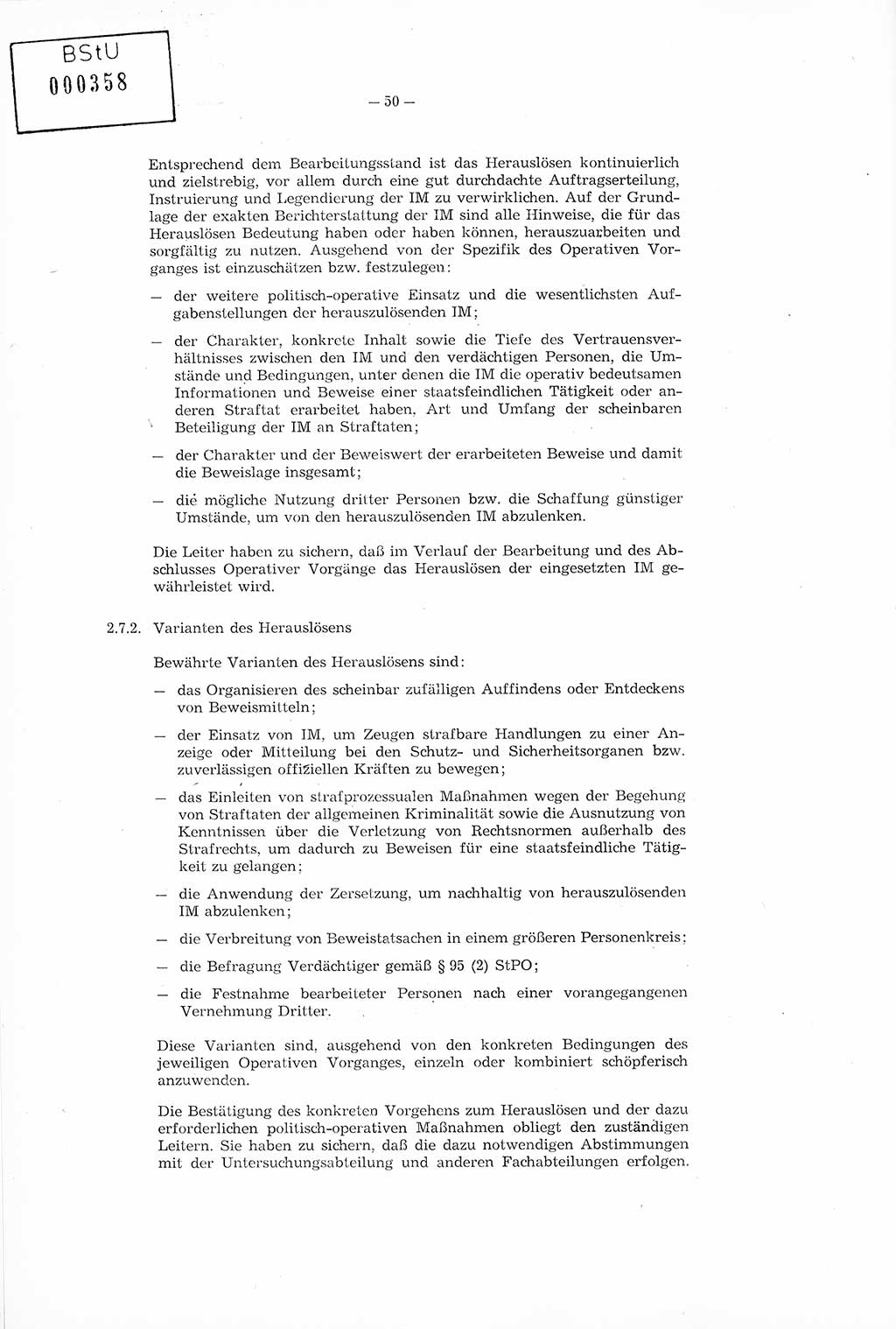 Richtlinie Nr. 1/76 zur Entwicklung und Bearbeitung Operativer Vorgänge (OV), Ministerium für Staatssicherheit (MfS) [Deutsche Demokratische Republik (DDR)], Der Minister (Generaloberst Erich Mielke), Geheime Verschlußsache (GVS) 008-100/76, Berlin 1976, Seite 50 (RL 1/76 OV DDR MfS Min. GVS 008-100/76 1976, S. 50)