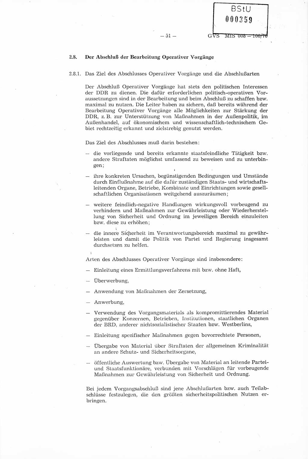 Richtlinie Nr. 1/76 zur Entwicklung und Bearbeitung Operativer Vorgänge (OV), Ministerium für Staatssicherheit (MfS) [Deutsche Demokratische Republik (DDR)], Der Minister (Generaloberst Erich Mielke), Geheime Verschlußsache (GVS) 008-100/76, Berlin 1976, Seite 51 (RL 1/76 OV DDR MfS Min. GVS 008-100/76 1976, S. 51)