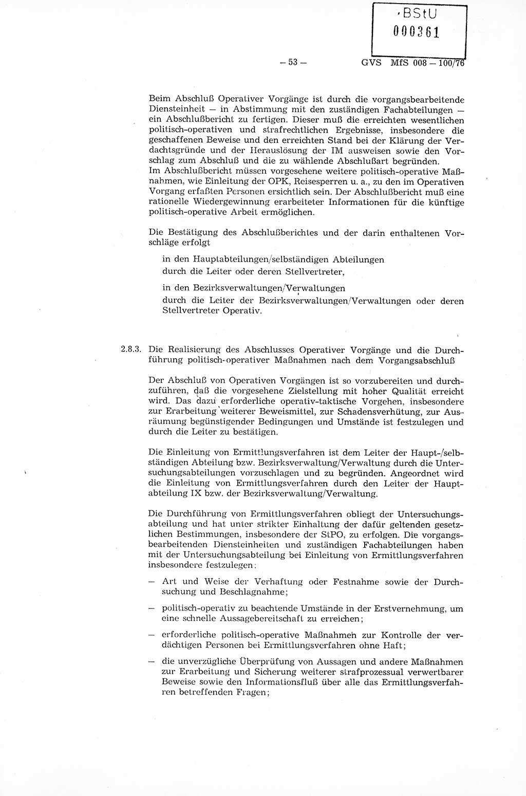 Richtlinie Nr. 1/76 zur Entwicklung und Bearbeitung Operativer Vorgänge (OV), Ministerium für Staatssicherheit (MfS) [Deutsche Demokratische Republik (DDR)], Der Minister (Generaloberst Erich Mielke), Geheime Verschlußsache (GVS) 008-100/76, Berlin 1976, Seite 53 (RL 1/76 OV DDR MfS Min. GVS 008-100/76 1976, S. 53)