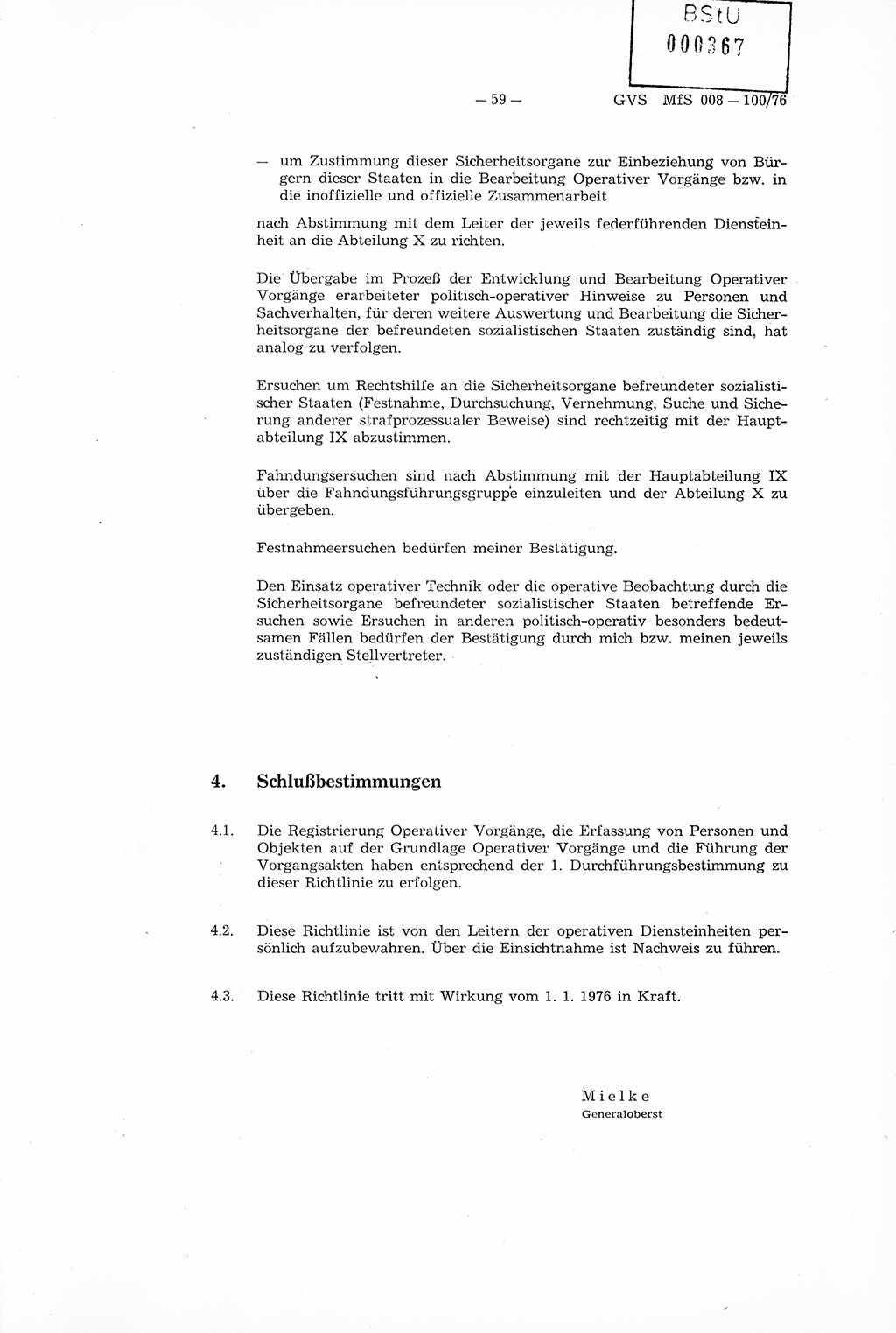 Richtlinie Nr. 1/76 zur Entwicklung und Bearbeitung Operativer Vorgänge (OV), Ministerium für Staatssicherheit (MfS) [Deutsche Demokratische Republik (DDR)], Der Minister (Generaloberst Erich Mielke), Geheime Verschlußsache (GVS) 008-100/76, Berlin 1976, Seite 59 (RL 1/76 OV DDR MfS Min. GVS 008-100/76 1976, S. 59)