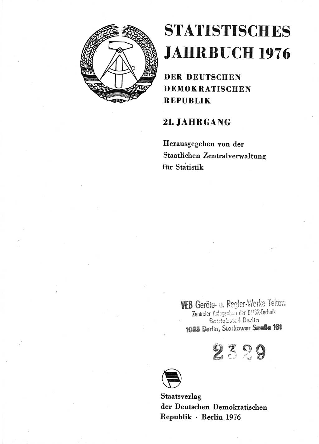 Statistisches Jahrbuch der Deutschen Demokratischen Republik (DDR) 1976, Seite 1 (Stat. Jb. DDR 1976, S. 1)