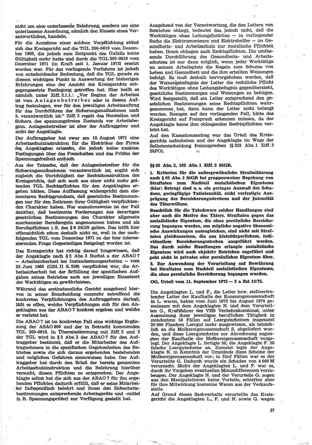 Neue Justiz (NJ), Zeitschrift für Recht und Rechtswissenschaft [Deutsche Demokratische Republik (DDR)], 30. Jahrgang 1976, Seite 27 (NJ DDR 1976, S. 27)