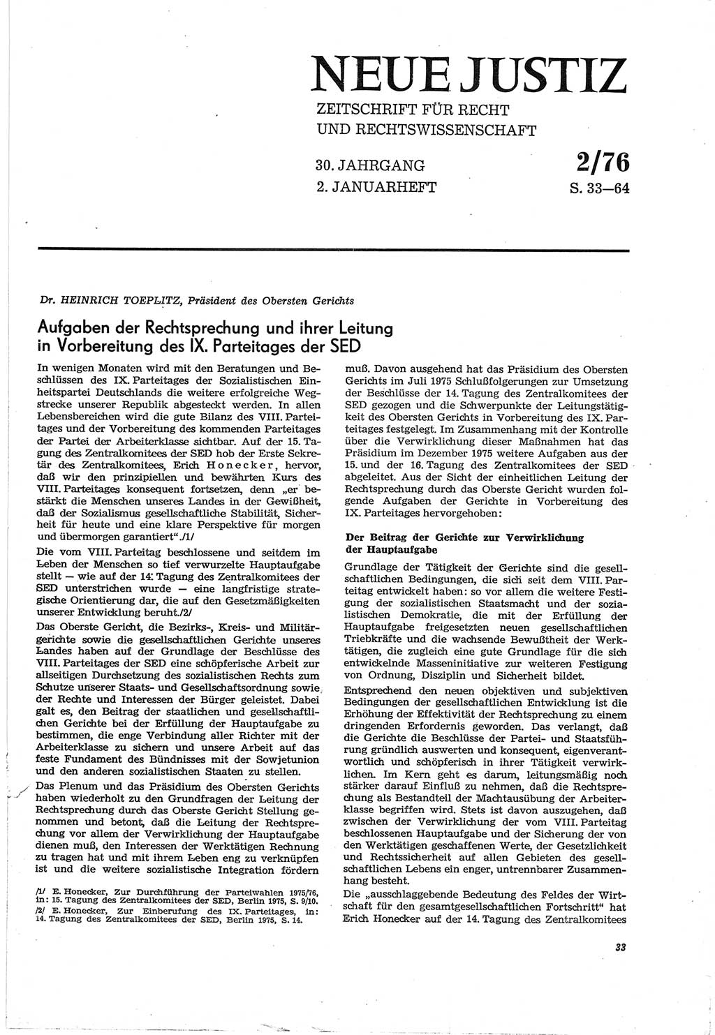 Neue Justiz (NJ), Zeitschrift für Recht und Rechtswissenschaft [Deutsche Demokratische Republik (DDR)], 30. Jahrgang 1976, Seite 33 (NJ DDR 1976, S. 33)
