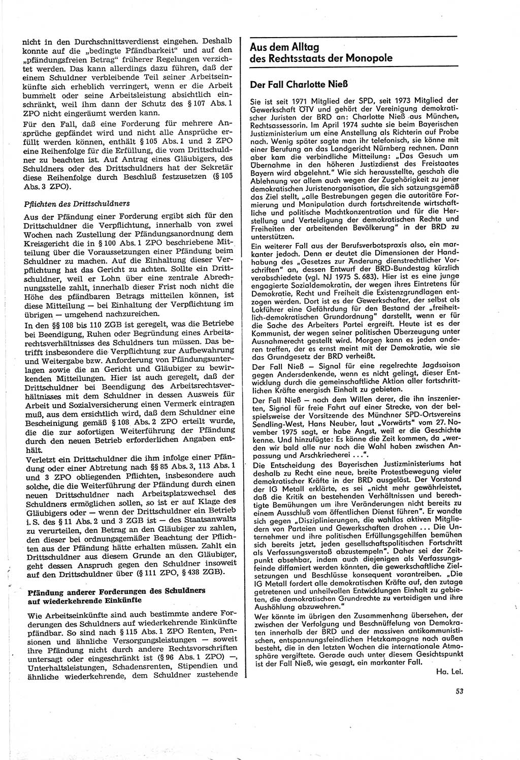 Neue Justiz (NJ), Zeitschrift für Recht und Rechtswissenschaft [Deutsche Demokratische Republik (DDR)], 30. Jahrgang 1976, Seite 53 (NJ DDR 1976, S. 53)