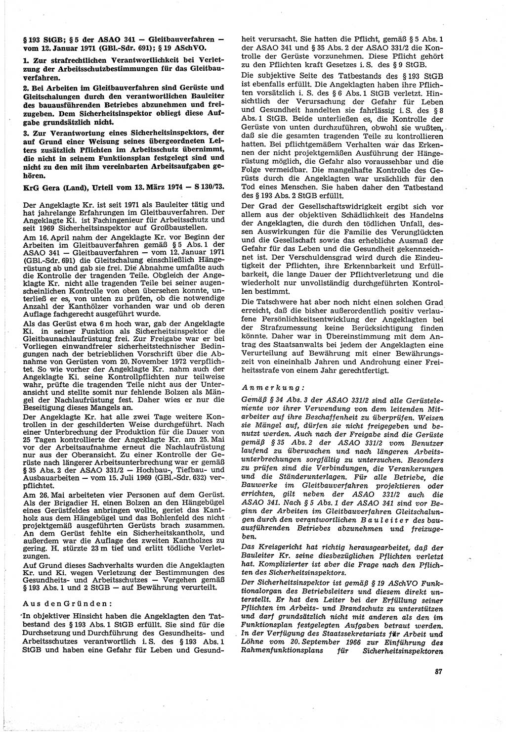 Neue Justiz (NJ), Zeitschrift für Recht und Rechtswissenschaft [Deutsche Demokratische Republik (DDR)], 30. Jahrgang 1976, Seite 87 (NJ DDR 1976, S. 87)