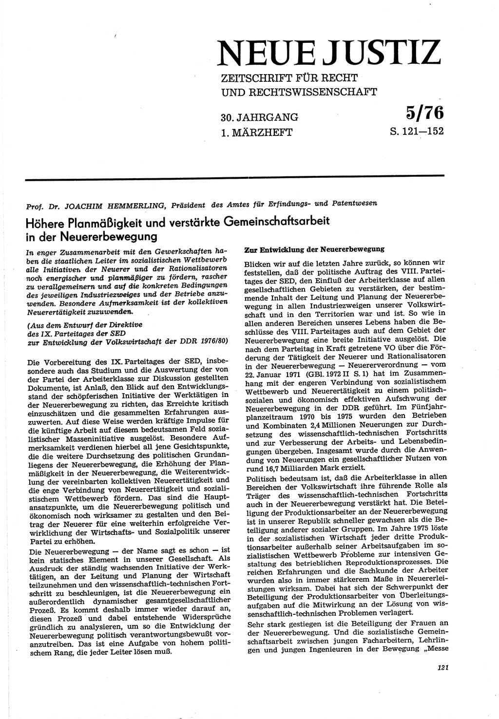 Neue Justiz (NJ), Zeitschrift für Recht und Rechtswissenschaft [Deutsche Demokratische Republik (DDR)], 30. Jahrgang 1976, Seite 121 (NJ DDR 1976, S. 121)