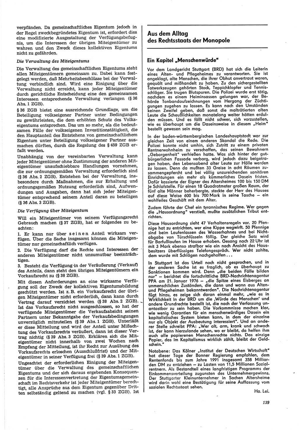Neue Justiz (NJ), Zeitschrift für Recht und Rechtswissenschaft [Deutsche Demokratische Republik (DDR)], 30. Jahrgang 1976, Seite 139 (NJ DDR 1976, S. 139)