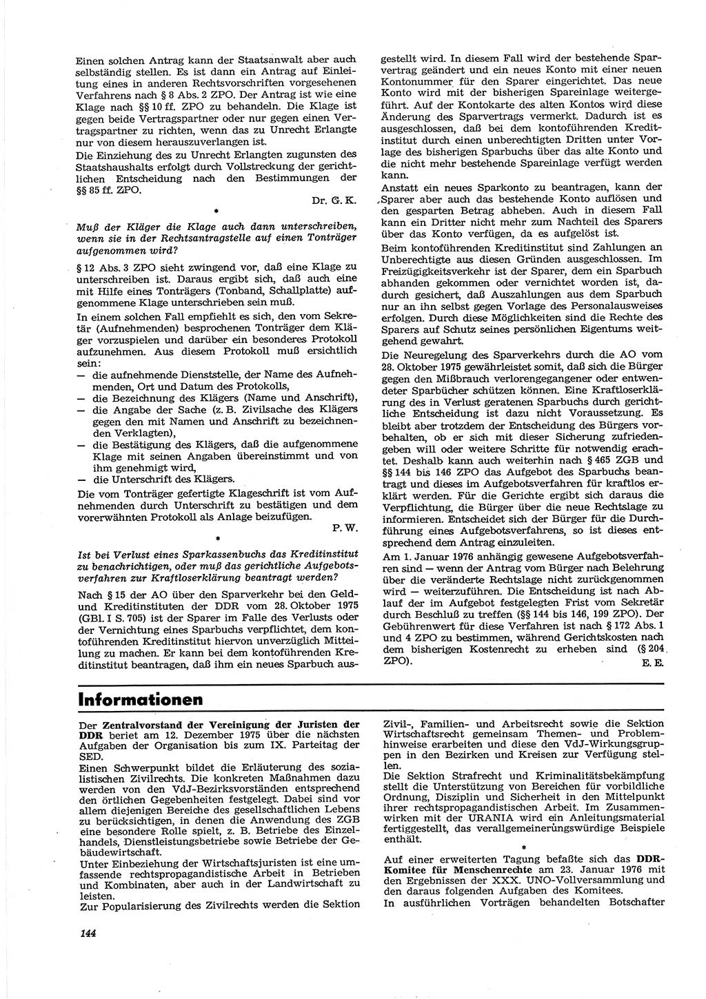 Neue Justiz (NJ), Zeitschrift für Recht und Rechtswissenschaft [Deutsche Demokratische Republik (DDR)], 30. Jahrgang 1976, Seite 144 (NJ DDR 1976, S. 144)