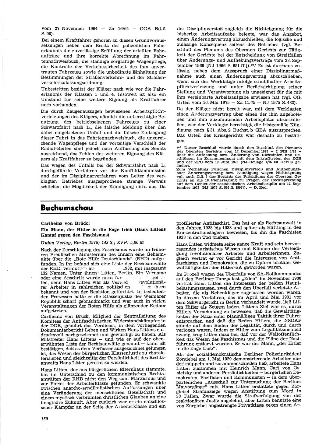 Neue Justiz (NJ), Zeitschrift für Recht und Rechtswissenschaft [Deutsche Demokratische Republik (DDR)], 30. Jahrgang 1976, Seite 150 (NJ DDR 1976, S. 150)