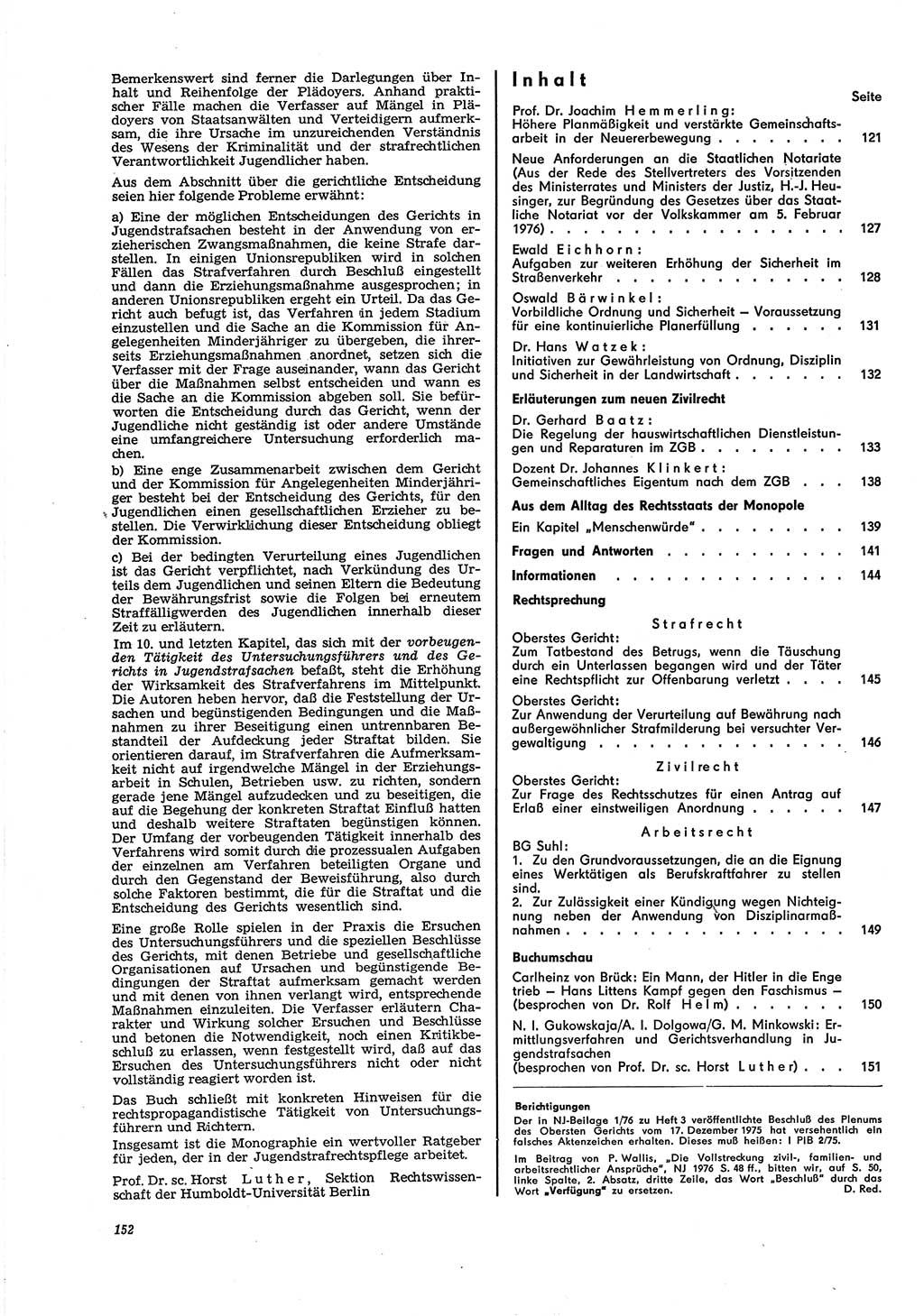 Neue Justiz (NJ), Zeitschrift für Recht und Rechtswissenschaft [Deutsche Demokratische Republik (DDR)], 30. Jahrgang 1976, Seite 152 (NJ DDR 1976, S. 152)
