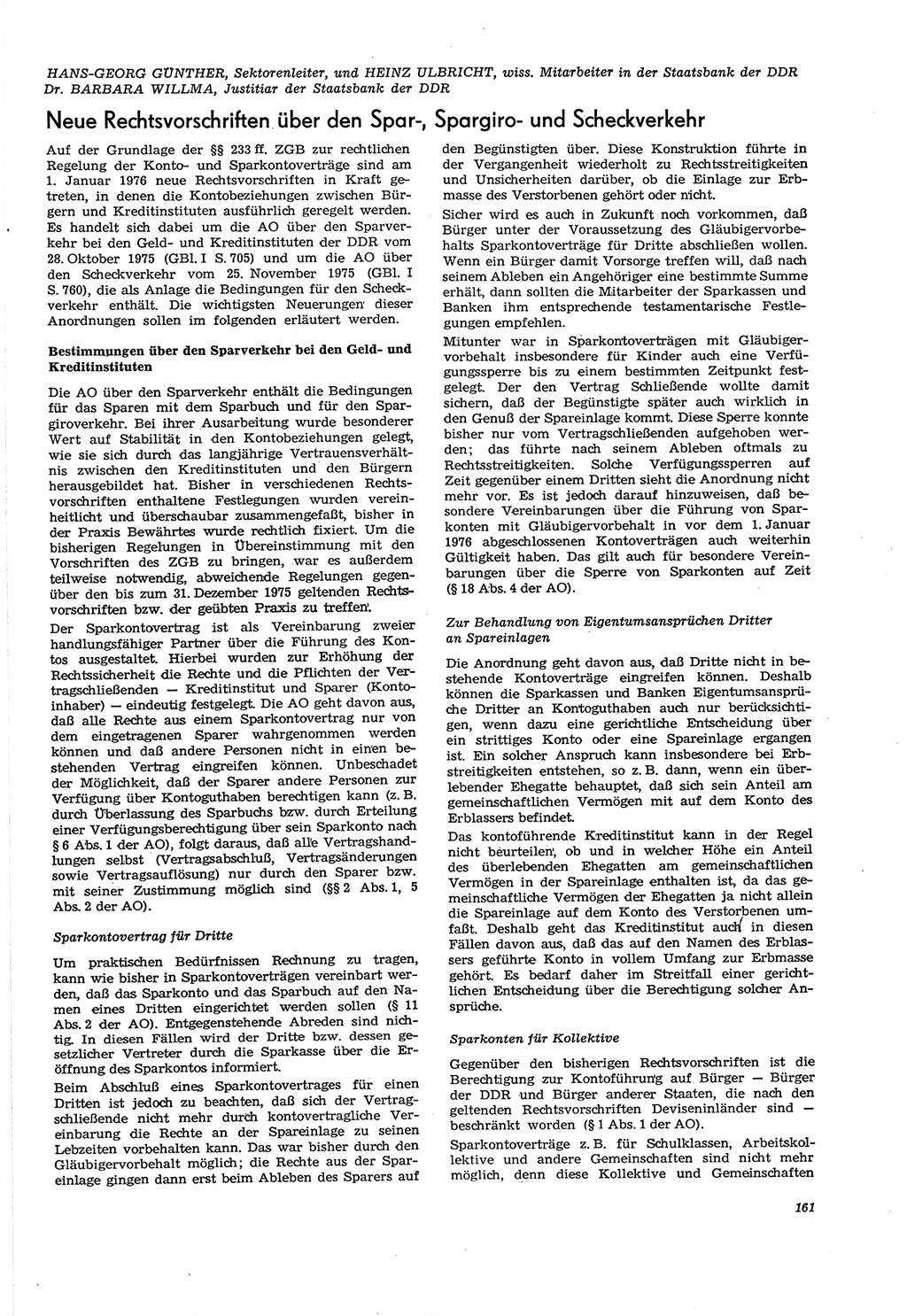 Neue Justiz (NJ), Zeitschrift für Recht und Rechtswissenschaft [Deutsche Demokratische Republik (DDR)], 30. Jahrgang 1976, Seite 161 (NJ DDR 1976, S. 161)