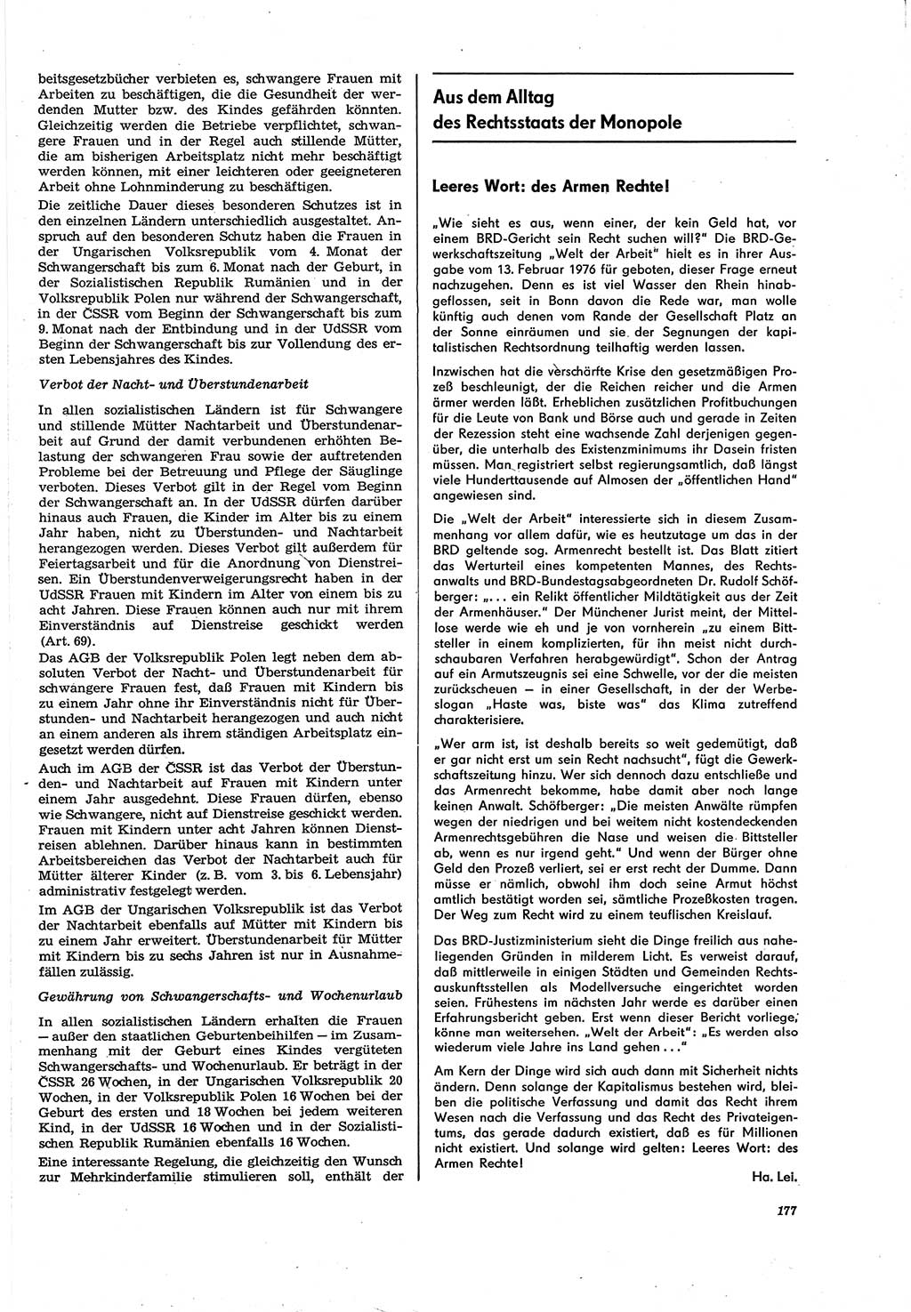 Neue Justiz (NJ), Zeitschrift für Recht und Rechtswissenschaft [Deutsche Demokratische Republik (DDR)], 30. Jahrgang 1976, Seite 177 (NJ DDR 1976, S. 177)
