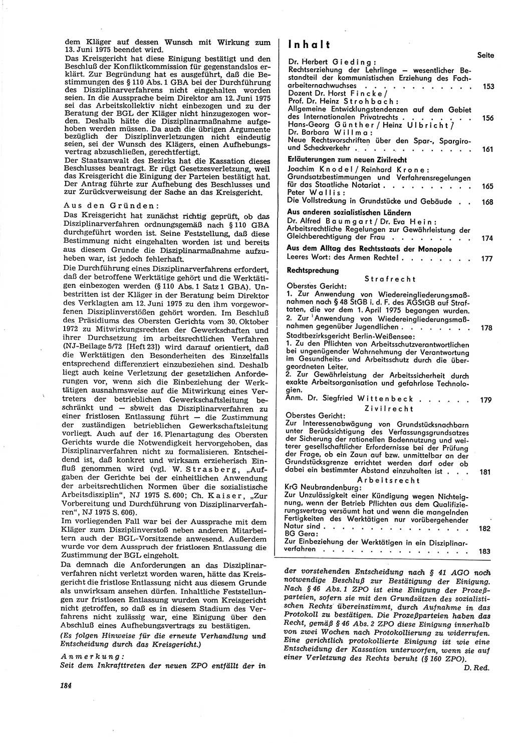 Neue Justiz (NJ), Zeitschrift für Recht und Rechtswissenschaft [Deutsche Demokratische Republik (DDR)], 30. Jahrgang 1976, Seite 184 (NJ DDR 1976, S. 184)