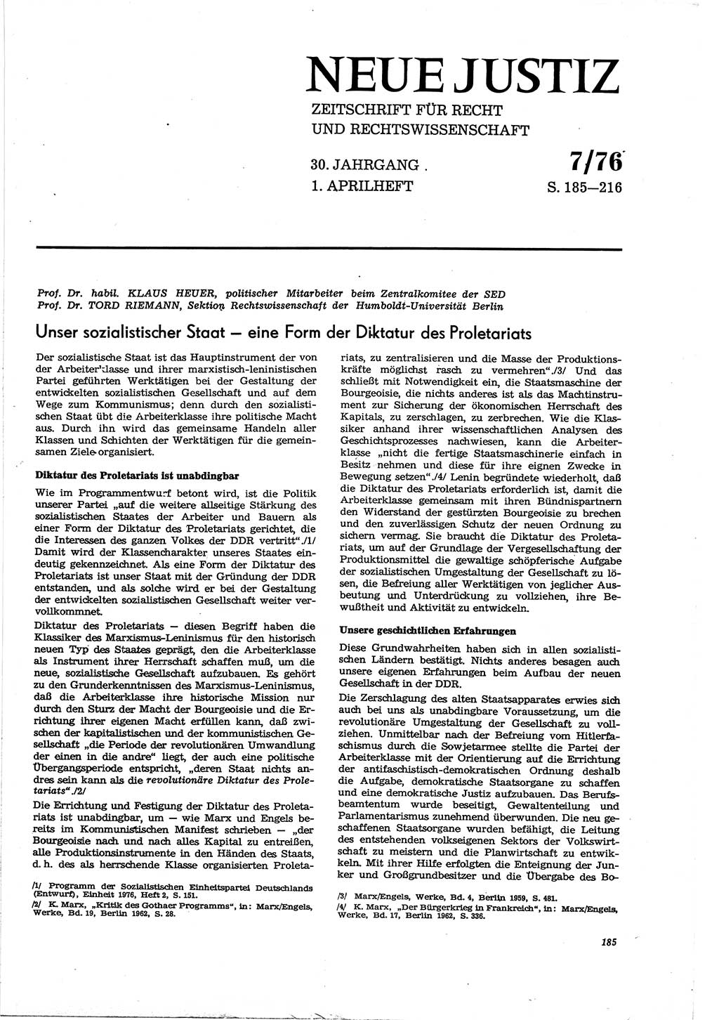 Neue Justiz (NJ), Zeitschrift für Recht und Rechtswissenschaft [Deutsche Demokratische Republik (DDR)], 30. Jahrgang 1976, Seite 185 (NJ DDR 1976, S. 185)