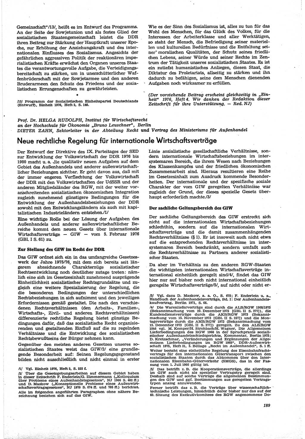 Neue Justiz (NJ), Zeitschrift für Recht und Rechtswissenschaft [Deutsche Demokratische Republik (DDR)], 30. Jahrgang 1976, Seite 189 (NJ DDR 1976, S. 189)
