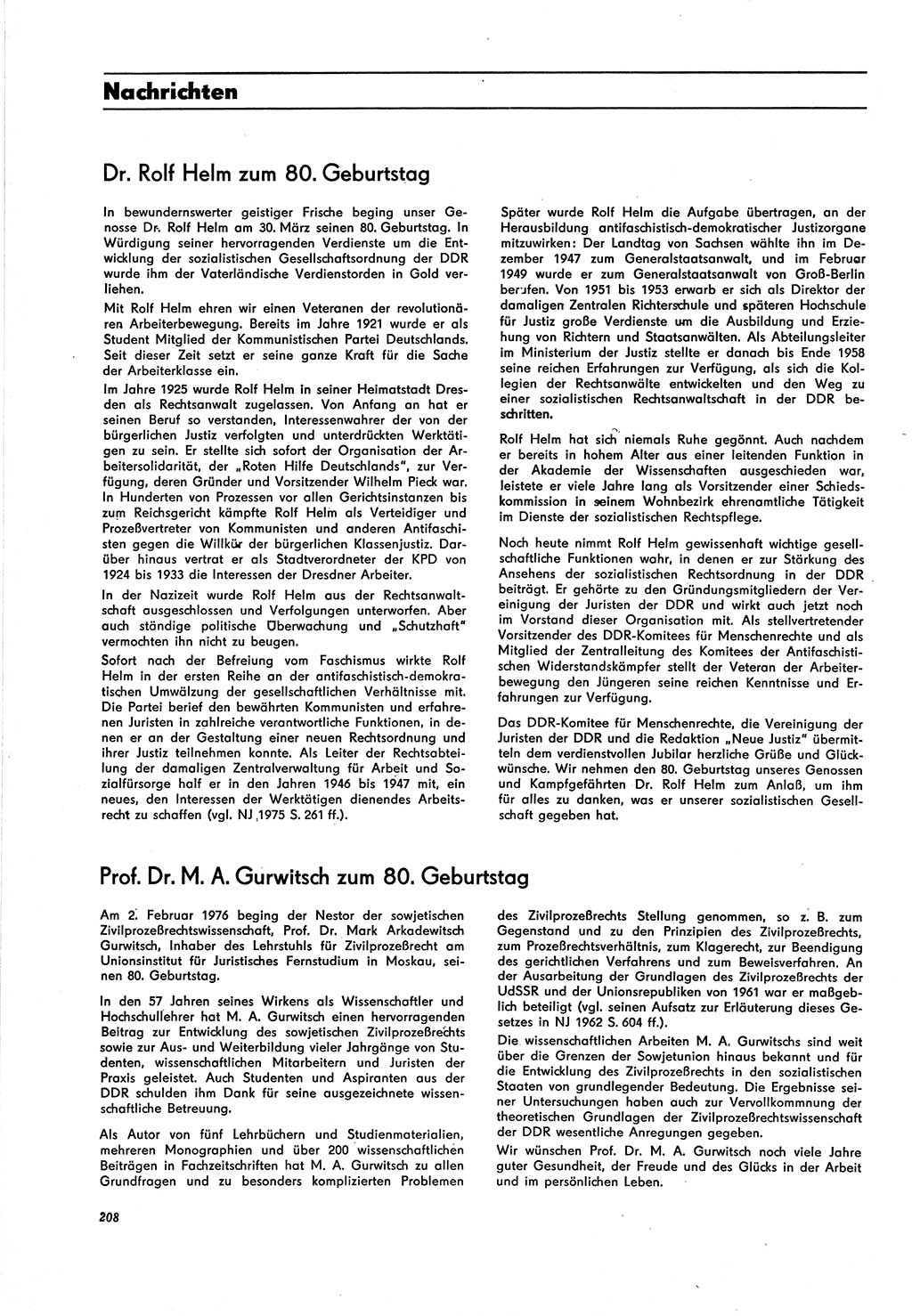 Neue Justiz (NJ), Zeitschrift für Recht und Rechtswissenschaft [Deutsche Demokratische Republik (DDR)], 30. Jahrgang 1976, Seite 208 (NJ DDR 1976, S. 208)