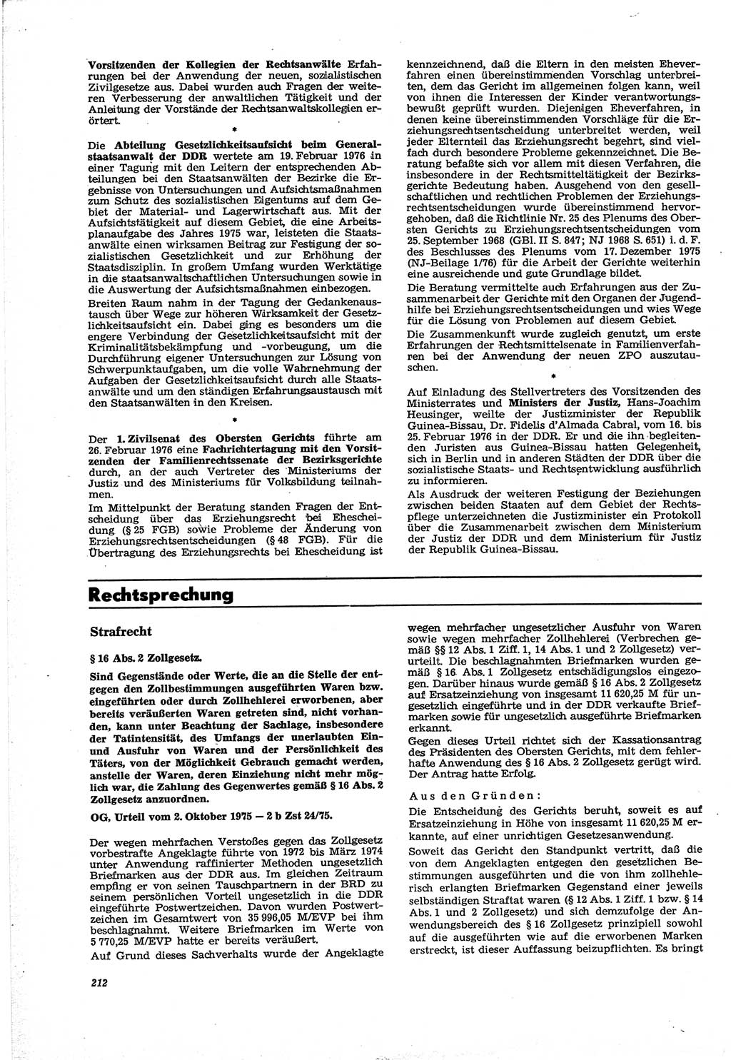 Neue Justiz (NJ), Zeitschrift für Recht und Rechtswissenschaft [Deutsche Demokratische Republik (DDR)], 30. Jahrgang 1976, Seite 212 (NJ DDR 1976, S. 212)